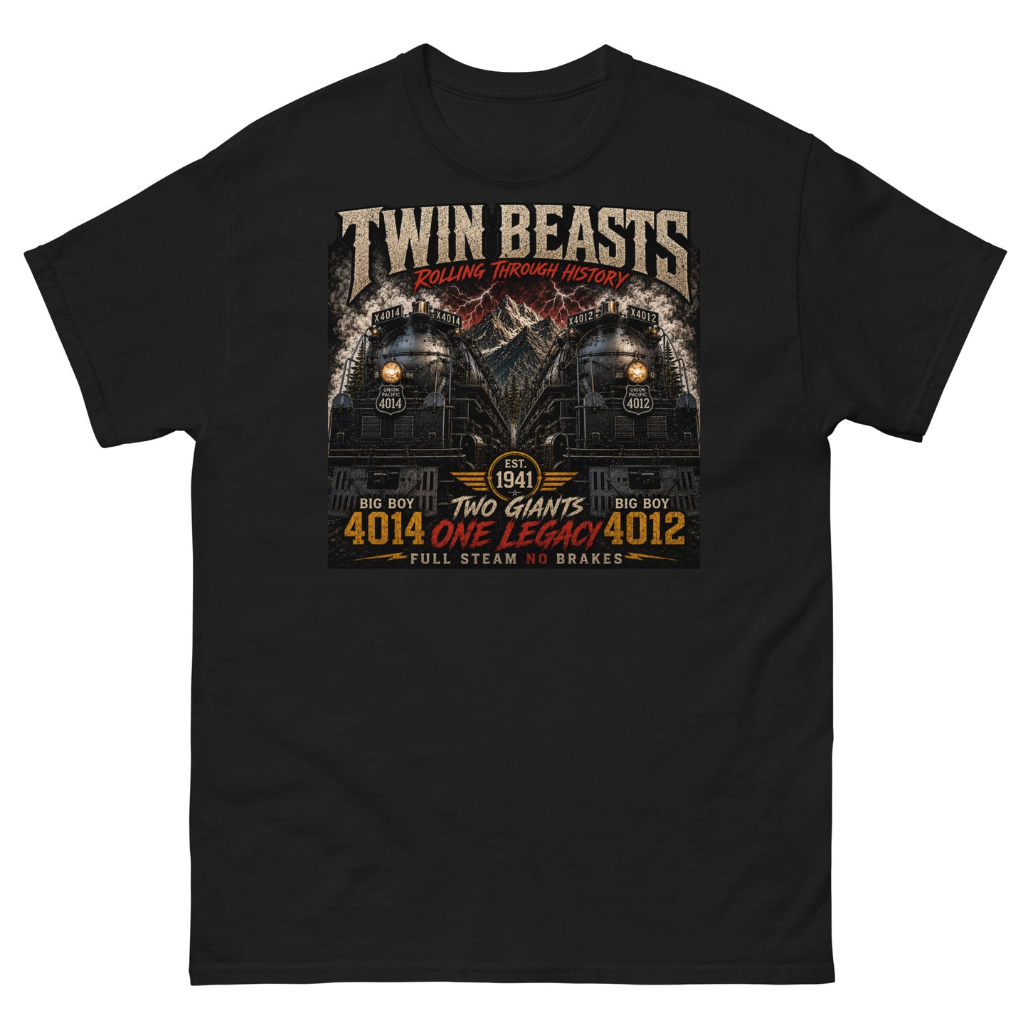 Black t-shirt featuring a symmetrical graphic of two steam locomotives, Big Boy 4014 on the left and Big Boy 4012 on the right, side-by-side in front of a mountain range with red lightning strikes. Text reads "TWIN BEASTS", "ROLLING THROUGH HISTORY", "EST. 1941", "TWO GIANTS ONE LEGACY", and "FULL STEAM NO BRAKES".