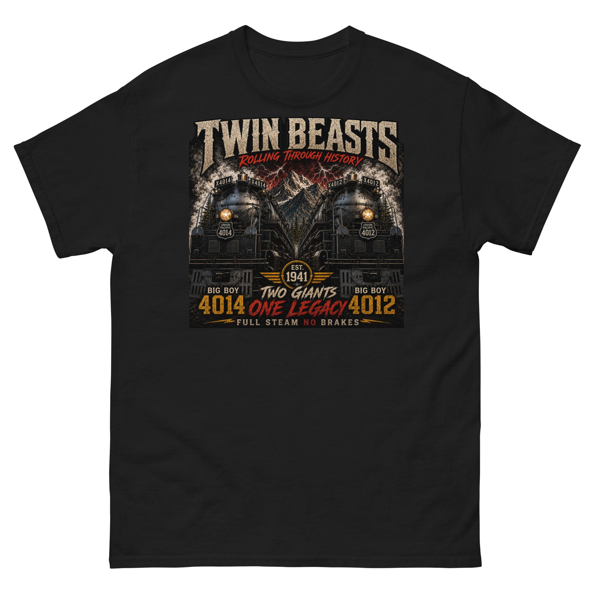 Black t-shirt featuring a symmetrical graphic of two steam locomotives, Big Boy 4014 on the left and Big Boy 4012 on the right, side-by-side in front of a mountain range with red lightning strikes. Text reads "TWIN BEASTS", "ROLLING THROUGH HISTORY", "EST. 1941", "TWO GIANTS ONE LEGACY", and "FULL STEAM NO BRAKES".
