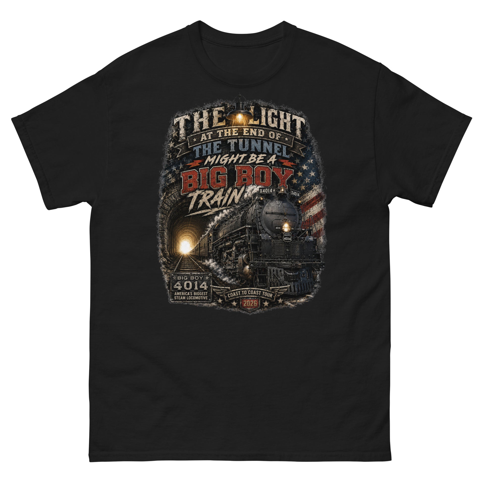 Black t-shirt featuring a highly detailed vintage graphic. The design shows the Big Boy 4014 steam locomotive emerging from a dark tunnel with a glowing light behind it. A vintage lantern hangs at the top, and a distressed American flag is on the right. Bold text reads "THE LIGHT AT THE END OF THE TUNNEL MIGHT BE A BIG BOY TRAIN". Bottom badges read "BIG BOY 4014 AMERICA'S BIGGEST STEAM LOCOMOTIVE" and "COAST TO COAST TOUR 2026".