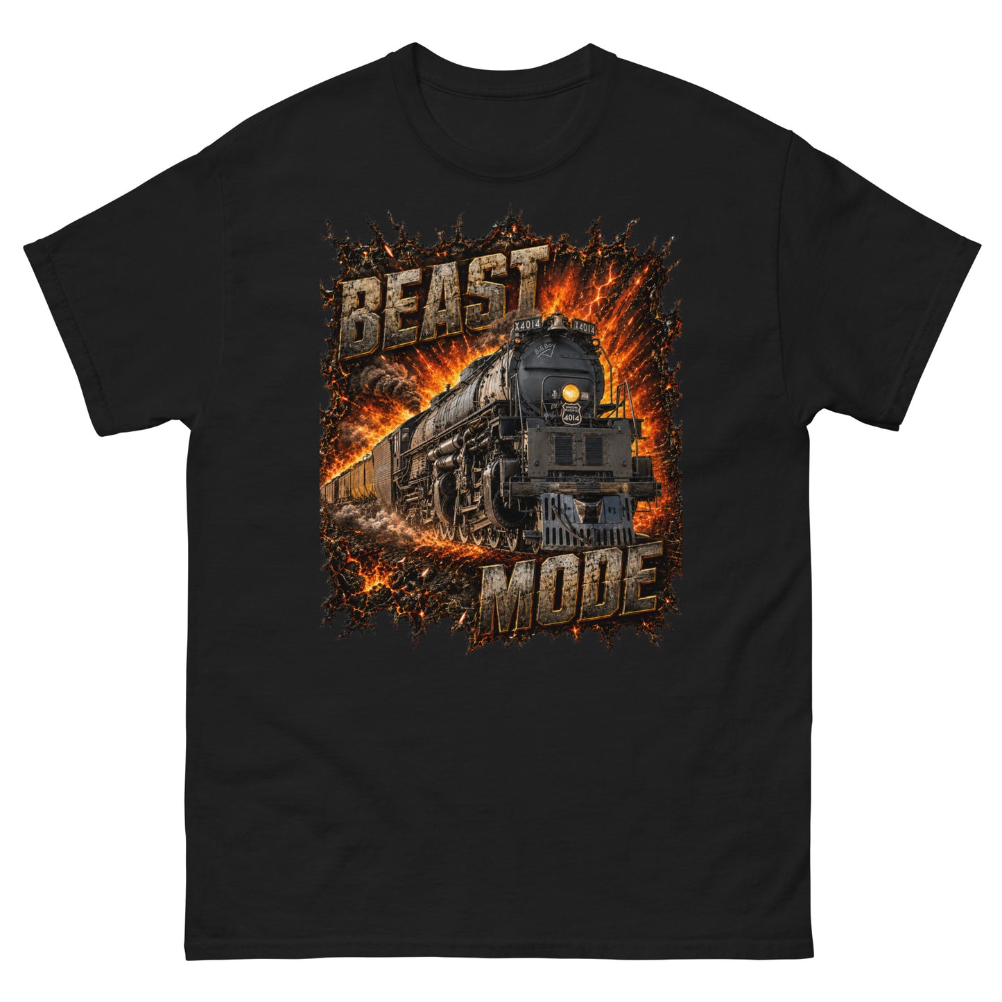 Black classic t-shirt featuring a high-impact graphic of the Big Boy 4014 steam locomotive bursting forward out of a fiery, orange and yellow explosion. Large, distressed steel-textured text reads "BEAST" at the top left and "MODE" at the bottom right.