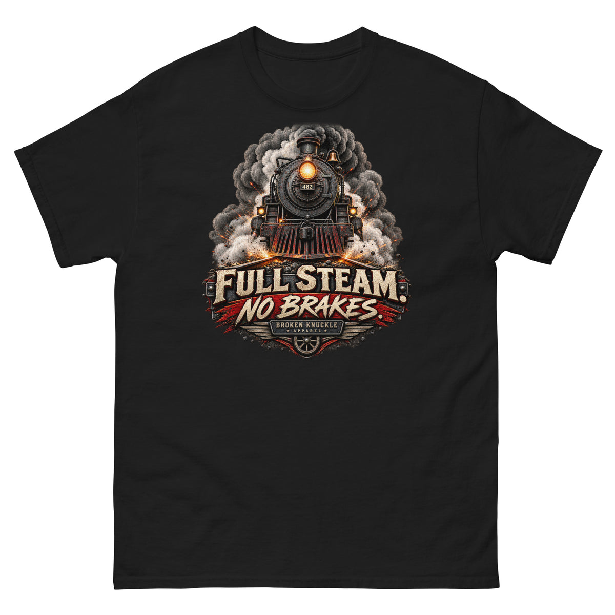 Black classic t-shirt featuring an explosive graphic of a front-facing steam locomotive bursting through smoke and fiery sparks. Bold, distressed vintage text reads "FULL STEAM. NO BRAKES." above a winged train wheel badge that reads "BROKEN KNUCKLE APPAREL".