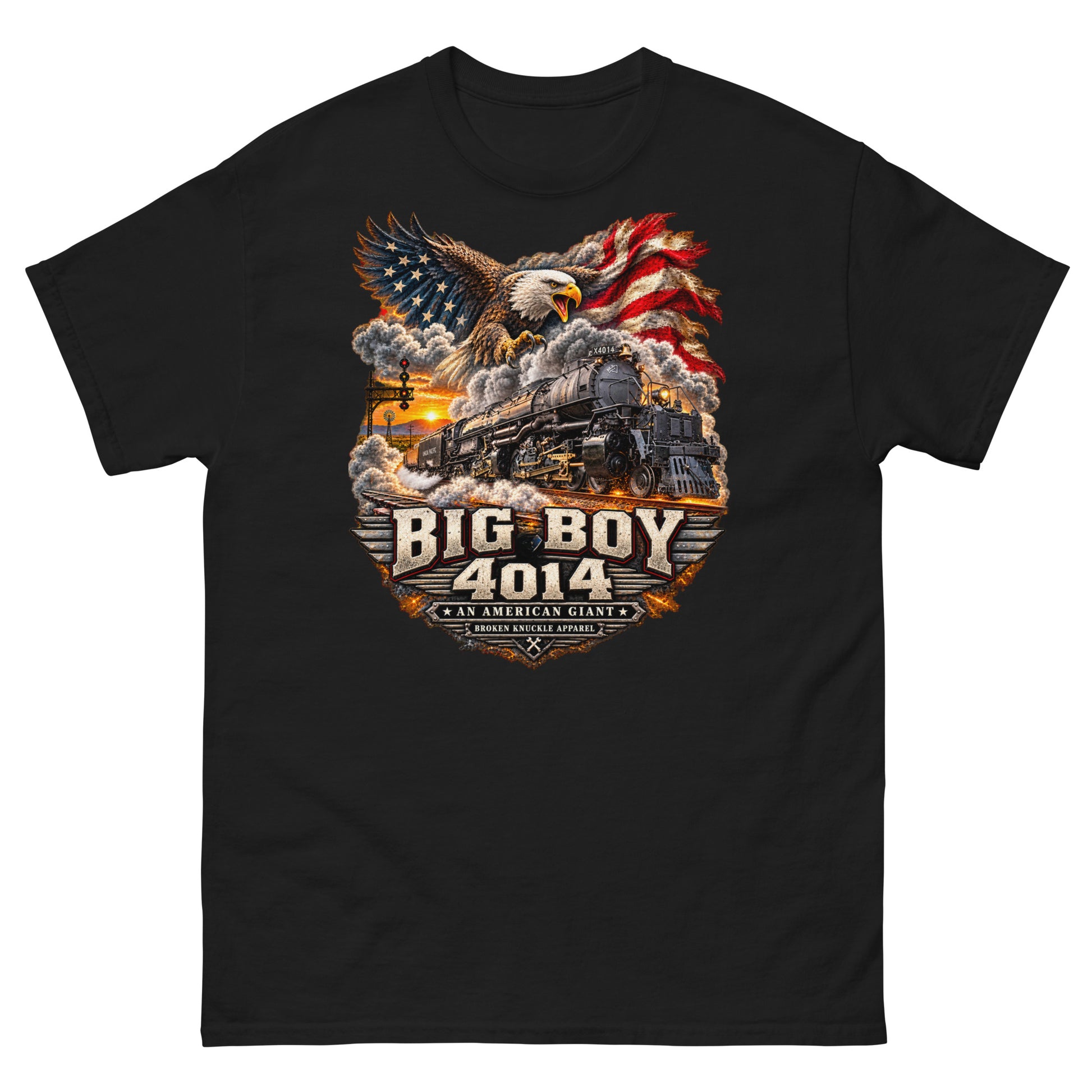 Black classic t-shirt featuring a highly detailed patriotic graphic. A bald eagle and American flag soar above the Big Boy 4014 steam locomotive charging down the tracks at sunset. Bold metallic-style text reads "BIG BOY 4014" above a banner reading "AN AMERICAN GIANT" and the Broken Knuckle Apparel logo.