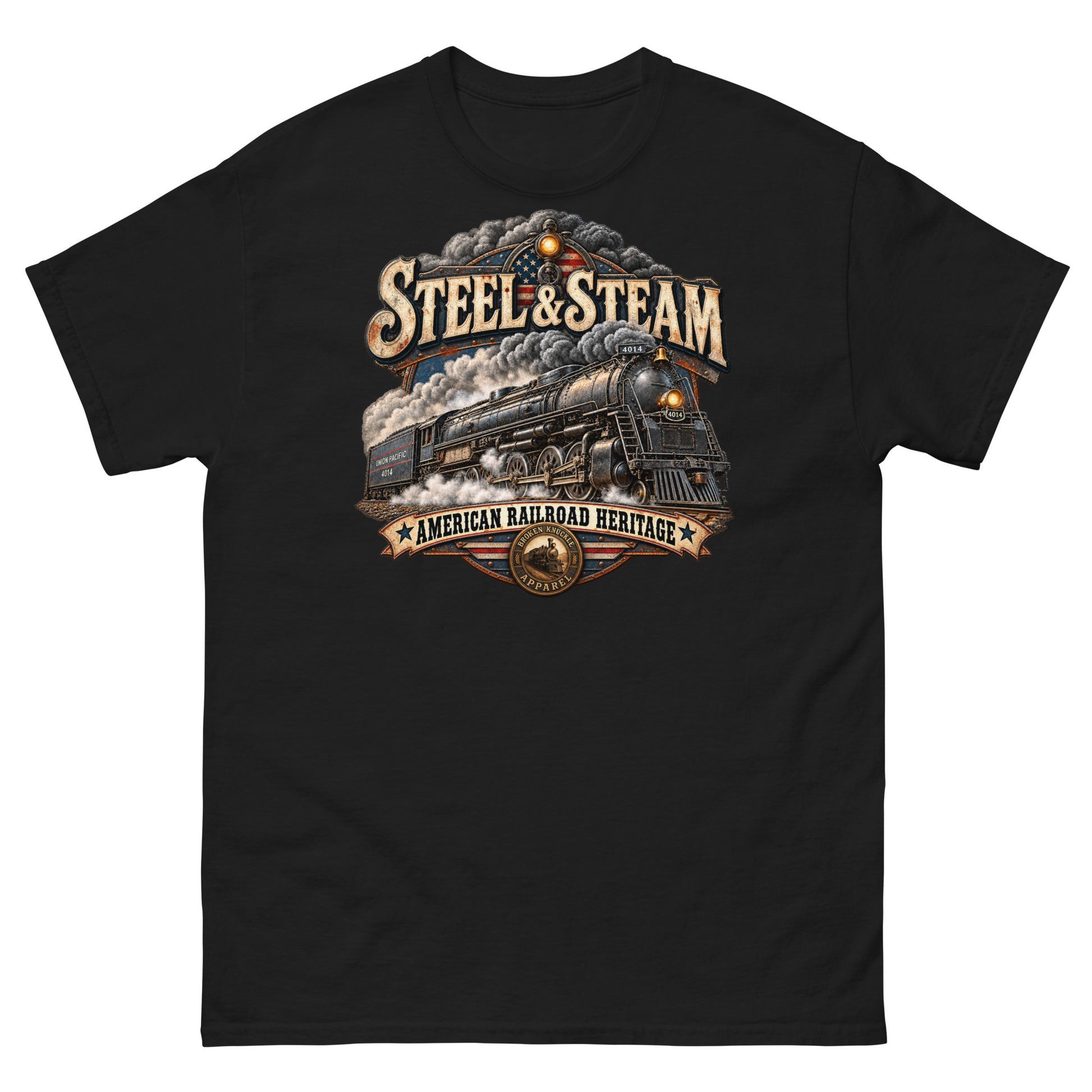 Black classic t-shirt featuring a highly detailed vintage graphic. A steam locomotive charges forward surrounded by smoke, with an American flag motif in the background. Vintage distressed text reads "STEEL & STEAM" at the top and "AMERICAN RAILROAD HERITAGE" on a banner at the bottom, just above a round Broken Knuckle Apparel badge.
