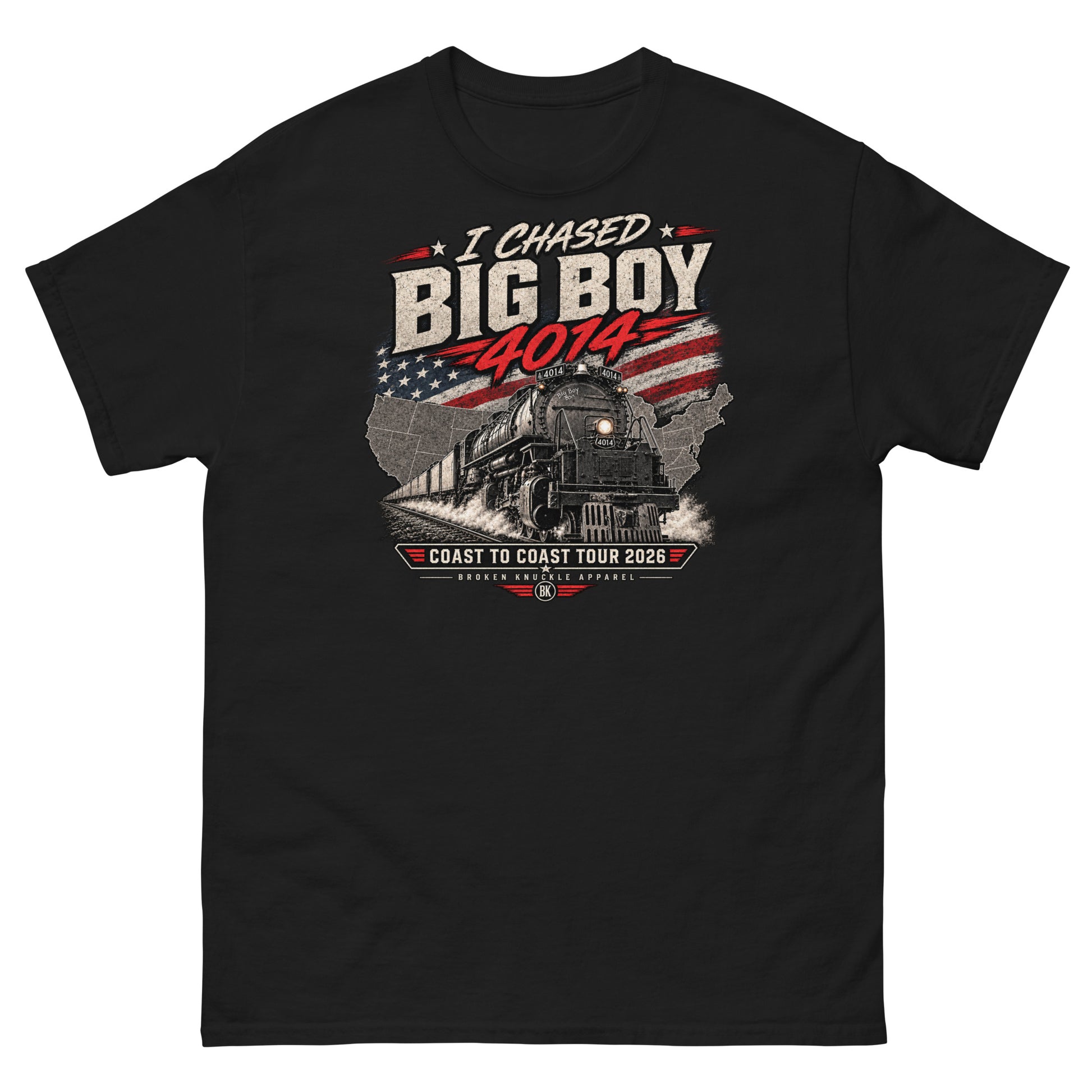 Black classic t-shirt featuring a graphic of the Big Boy 4014 steam locomotive charging out of a USA map filled with the American flag. Distressed text reads "I CHASED BIG BOY 4014" at the top and "COAST TO COAST TOUR 2026" on a banner at the bottom above the Broken Knuckle Apparel logo.