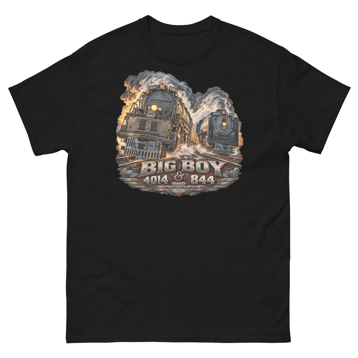 Black classic t-shirt featuring a highly detailed graphic of the Big Boy 4014 and 844 steam locomotives charging down the tracks side-by-side surrounded by smoke and steam. Bold, metallic-style text at the bottom reads "BIG BOY 4014 & 844" on a distressed vintage badge.   