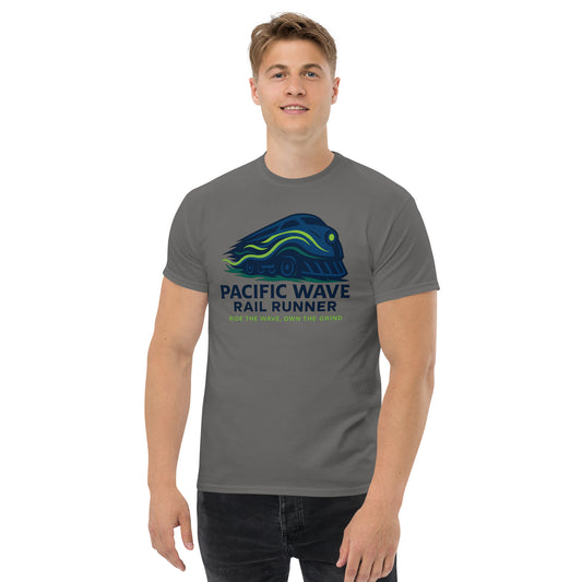 Man wearing a gray t-shirt with 'Pacific Wave Rail Runner' design on a white background