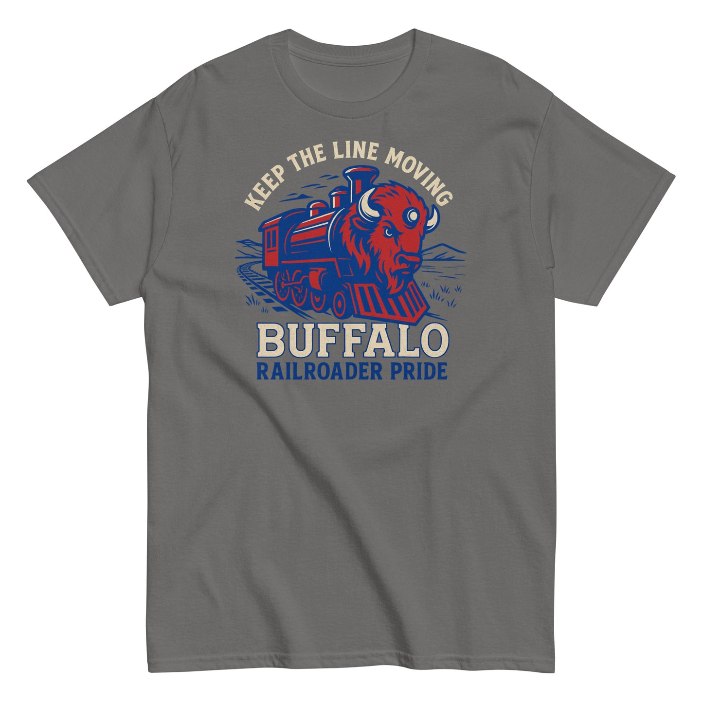Gray t-shirt with a graphic of a train and buffalo, text 'Keep the Line Moving Buffalo Railroader Pride' on a white background.