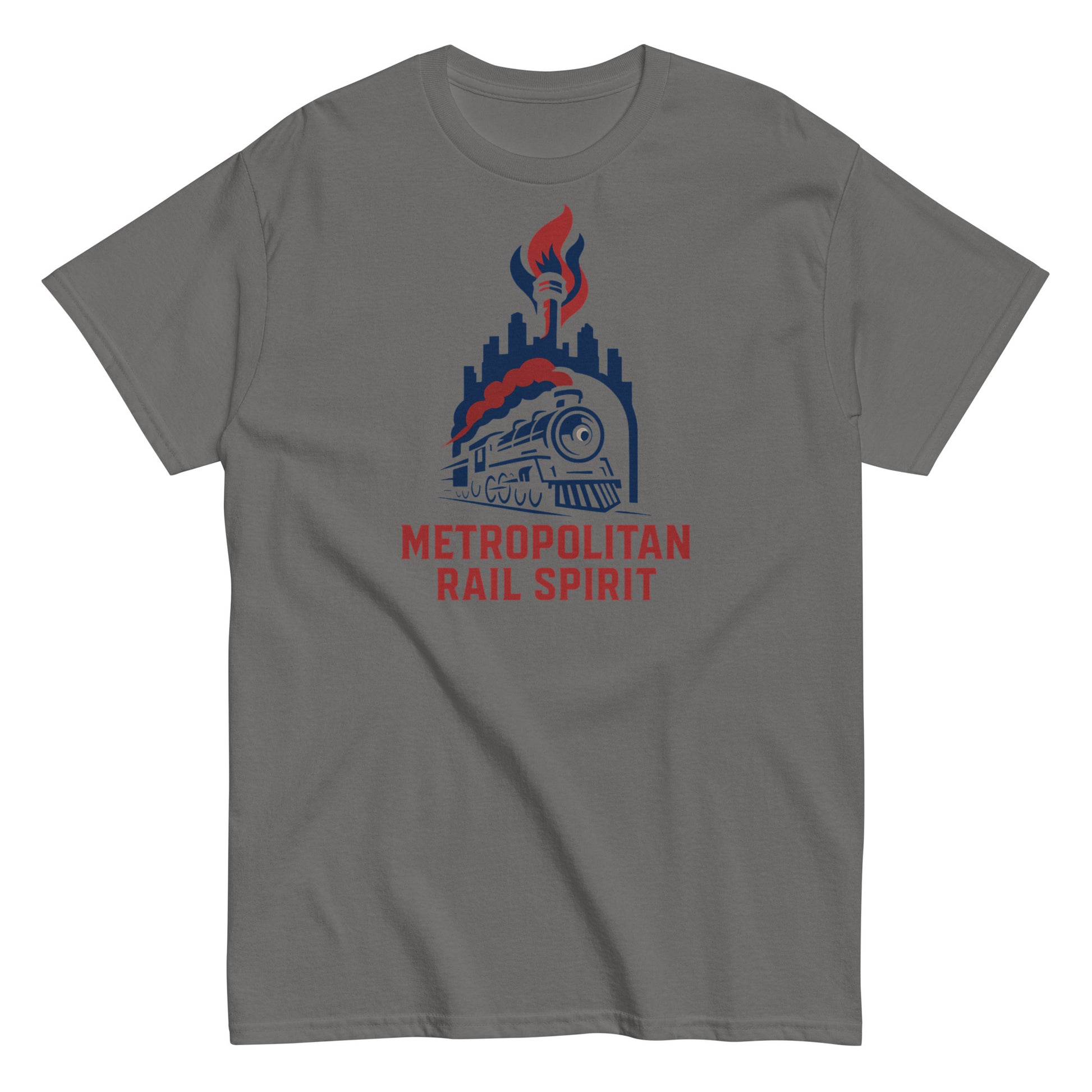 Gray t-shirt with Metropolitan Rail Spirit graphic design on a white background