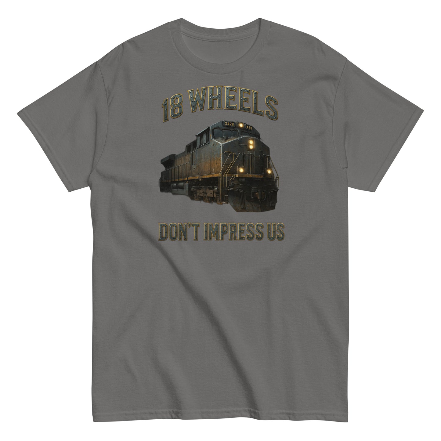 Gray t-shirt with a train graphic and text on a white background