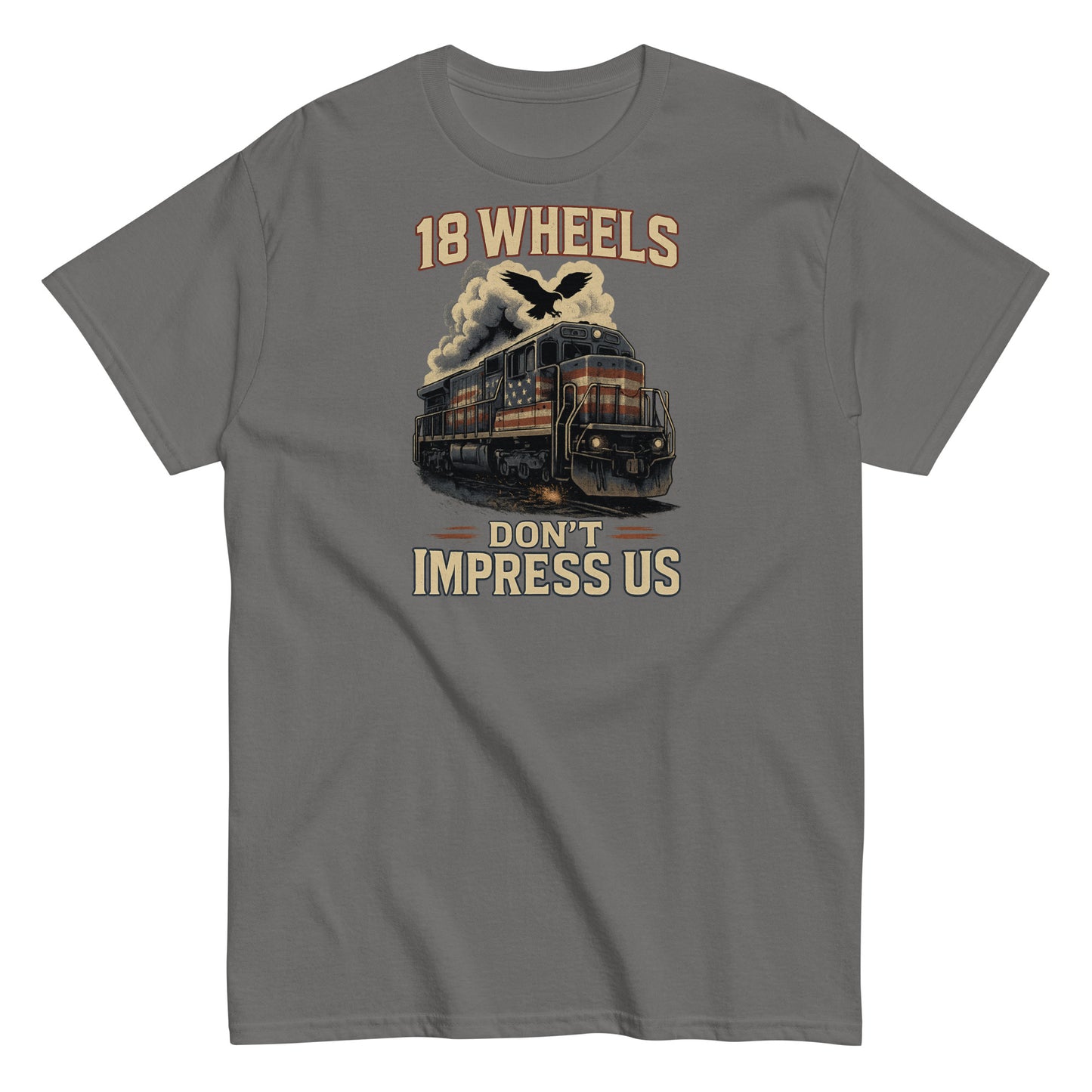 Gray t-shirt with a train graphic and text on a white background