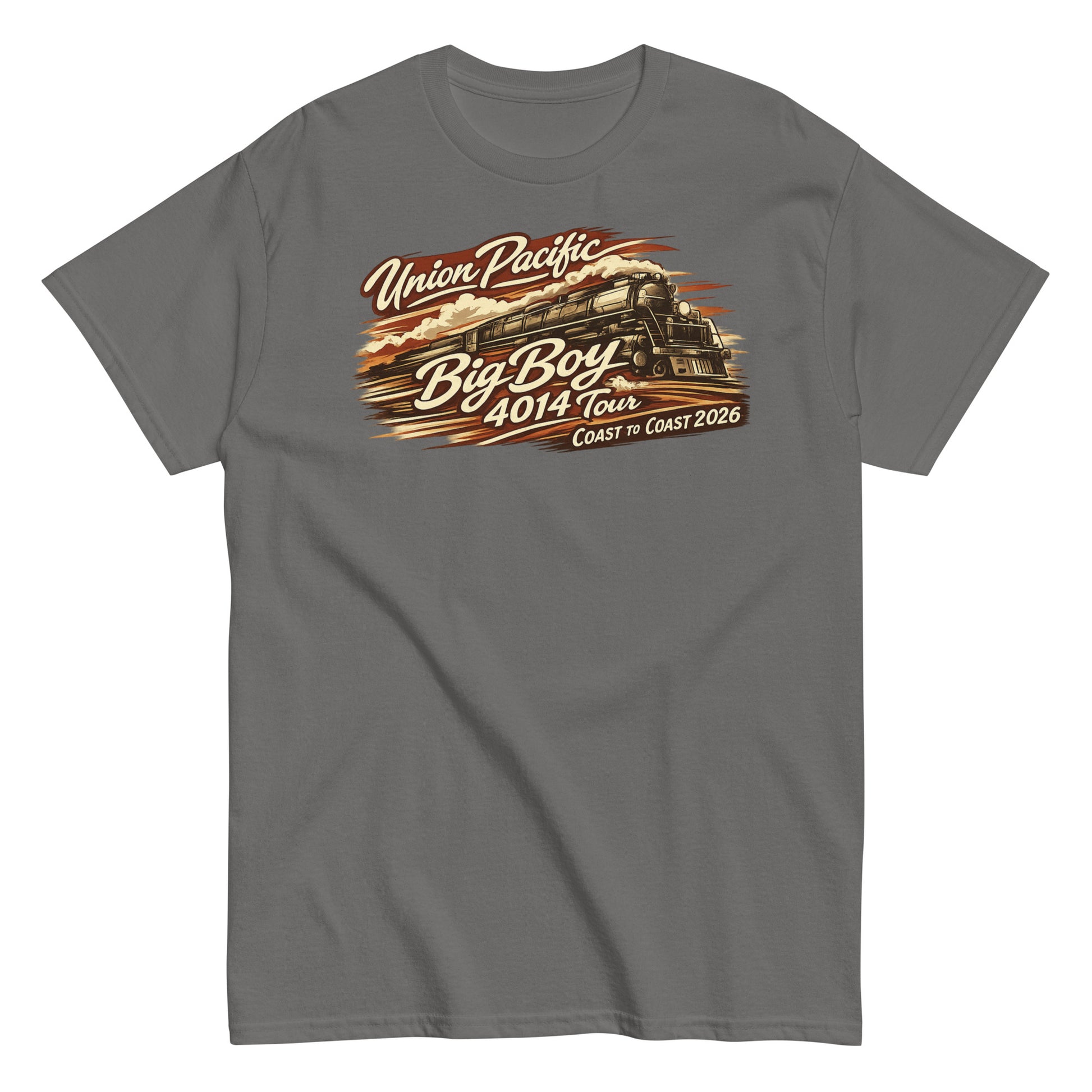 Green t-shirt with Union Pacific Big Boy locomotive graphic on a white background