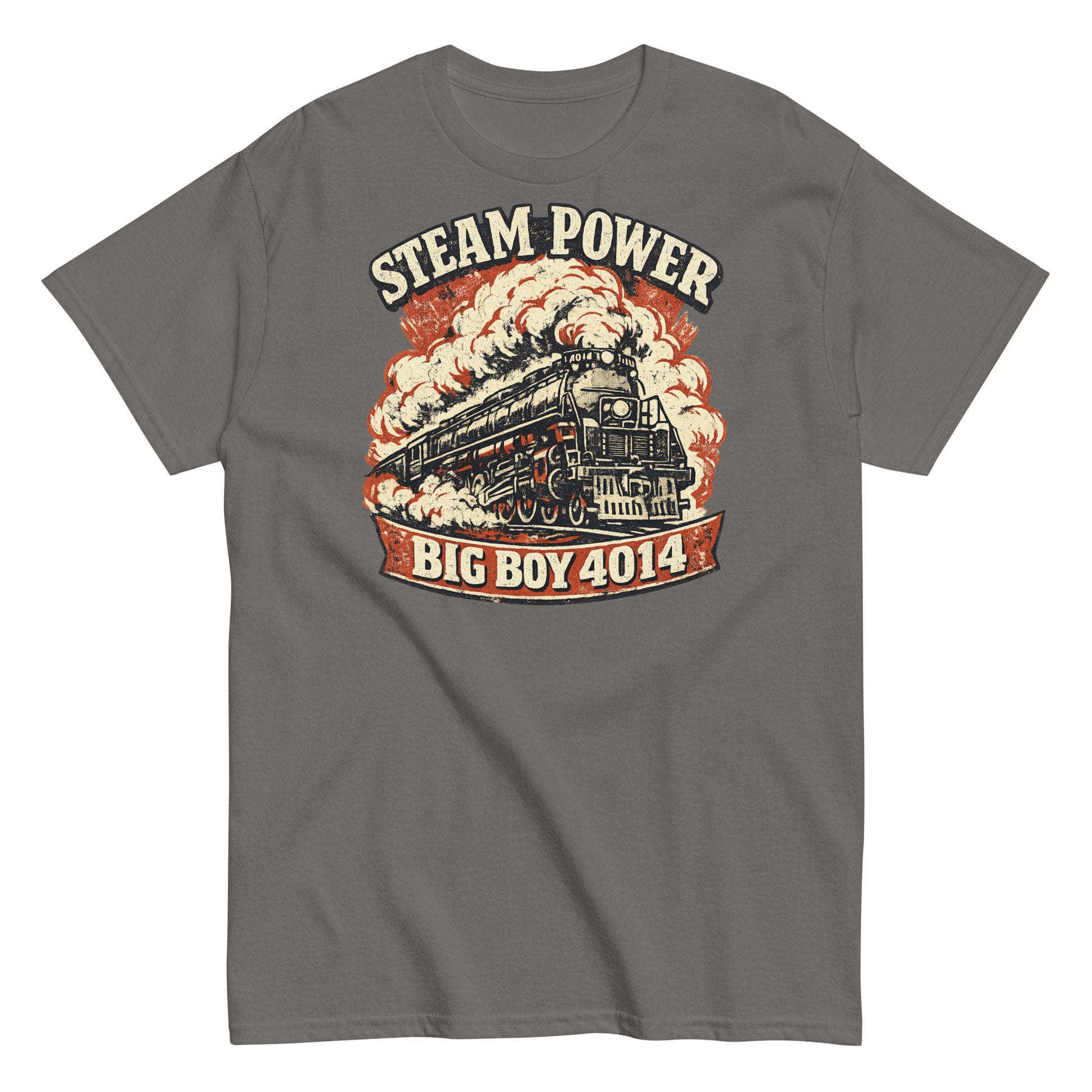 Gray t-shirt with steam locomotive graphic and 'Steam Power Big Boy 4014' text on a white background