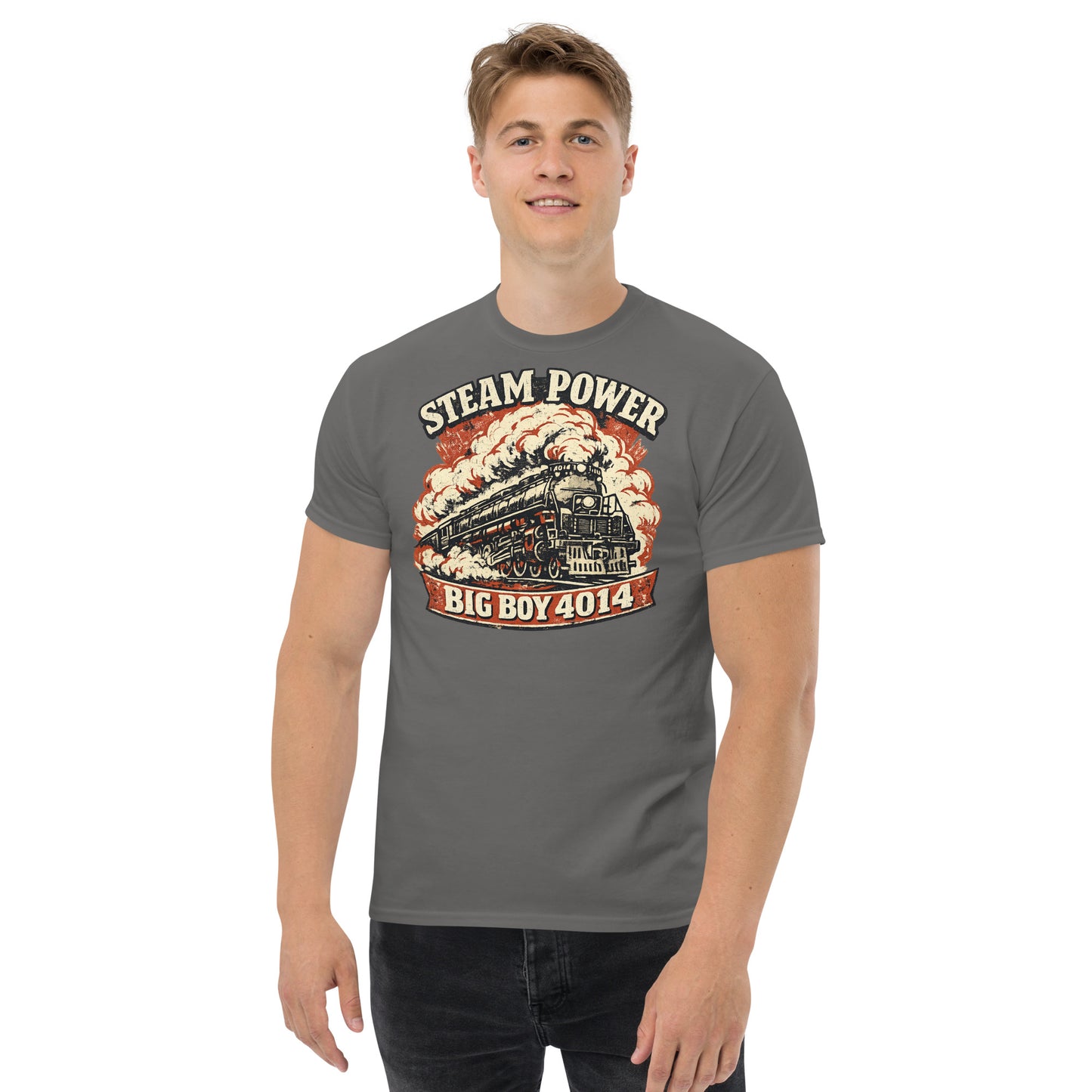 Man wearing a gray t-shirt with a steam locomotive graphic and text on a white background