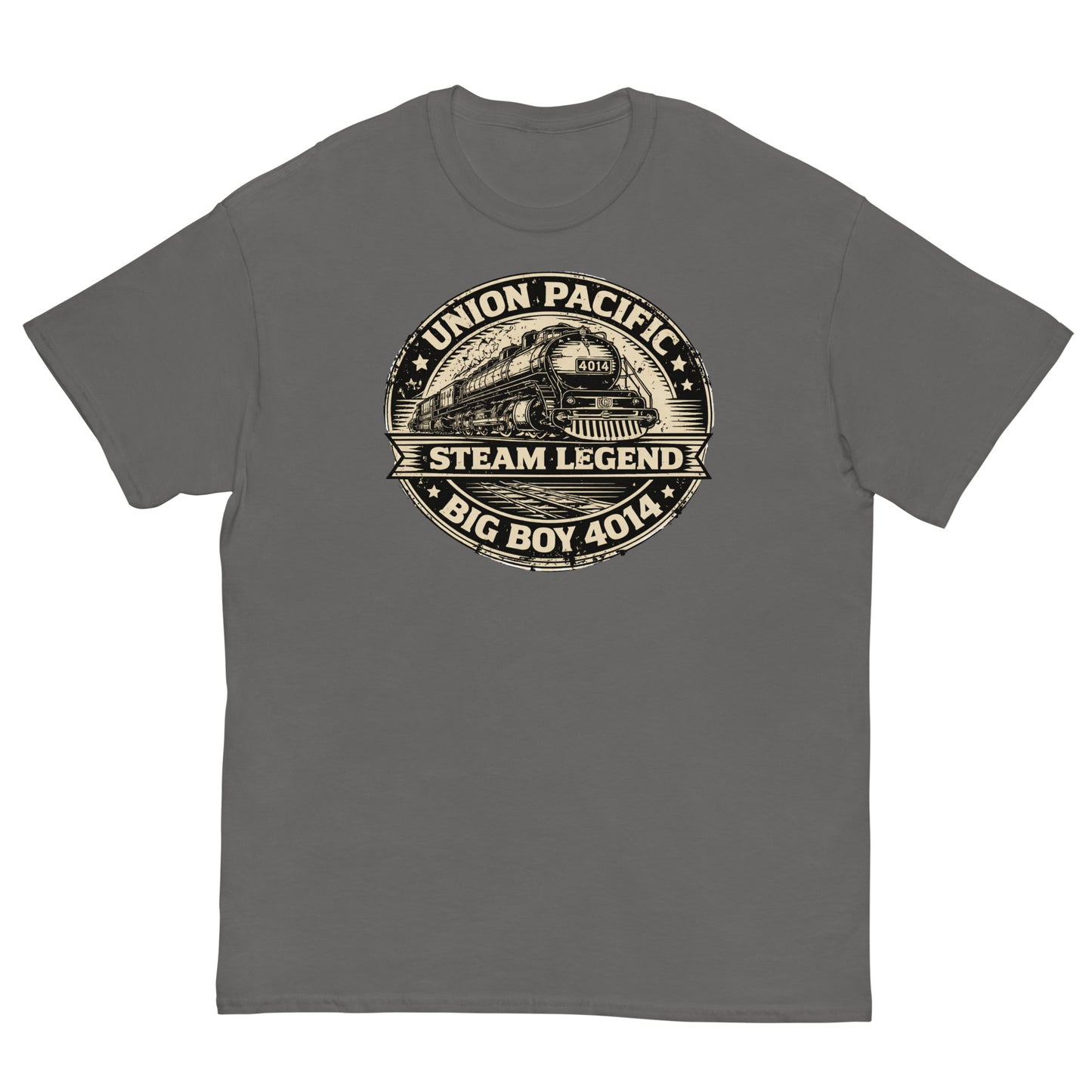 charcoal t-shirt with Union Pacific steam locomotive graphic on a white background