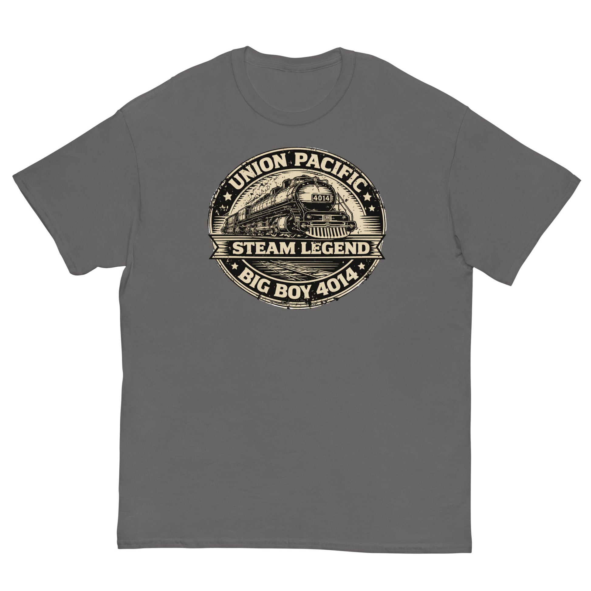 charcoal t-shirt with Union Pacific steam locomotive graphic on a white background