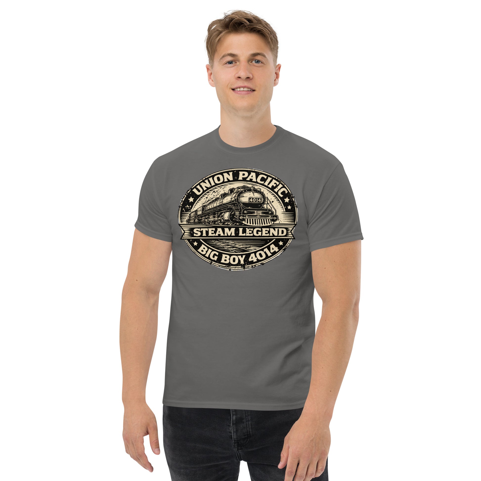 charcoal t-shirt with Union Pacific steam locomotive graphic on a white background