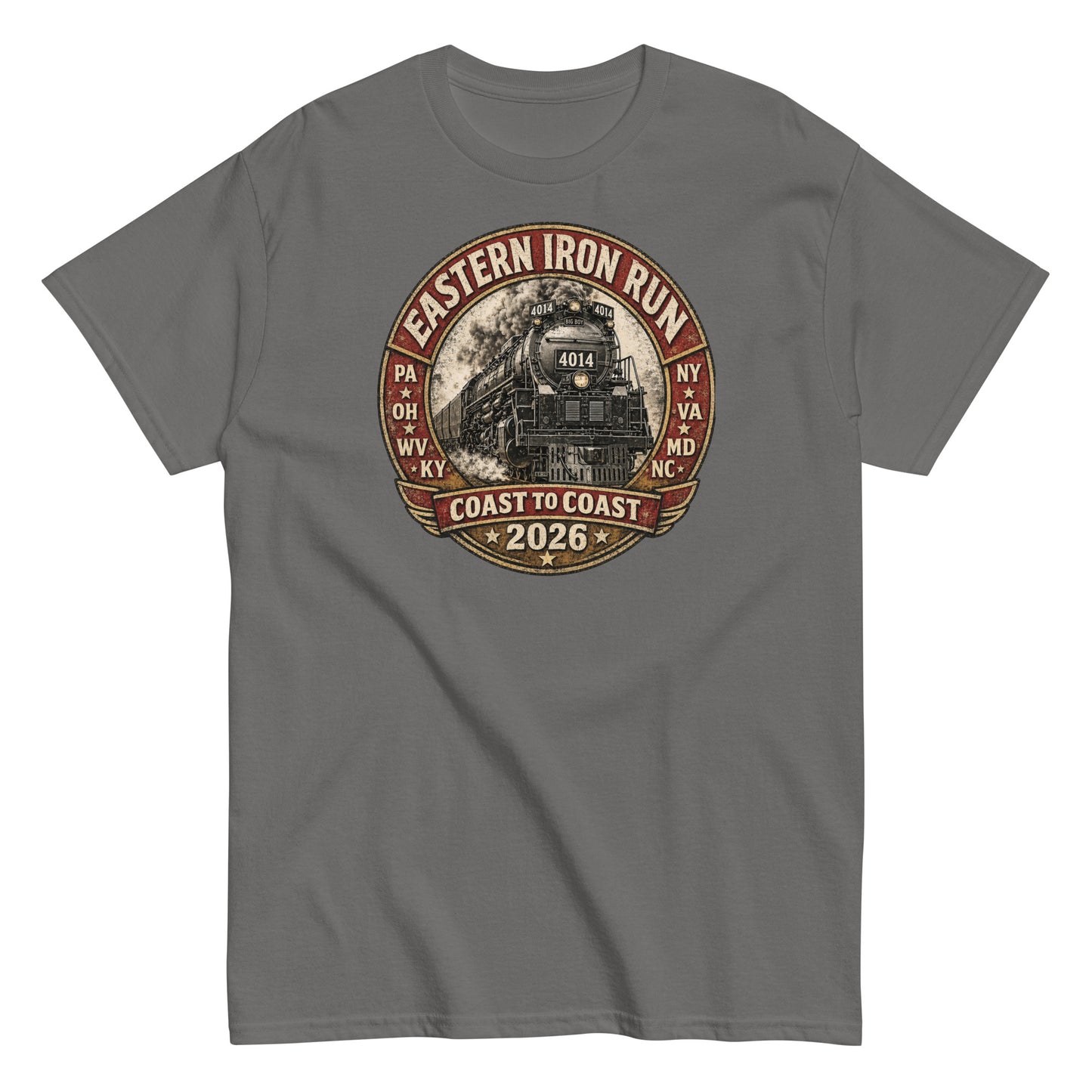 Charcoal t-shirt featuring a vintage graphic of the Union Pacific Big Boy 4014 steam locomotive