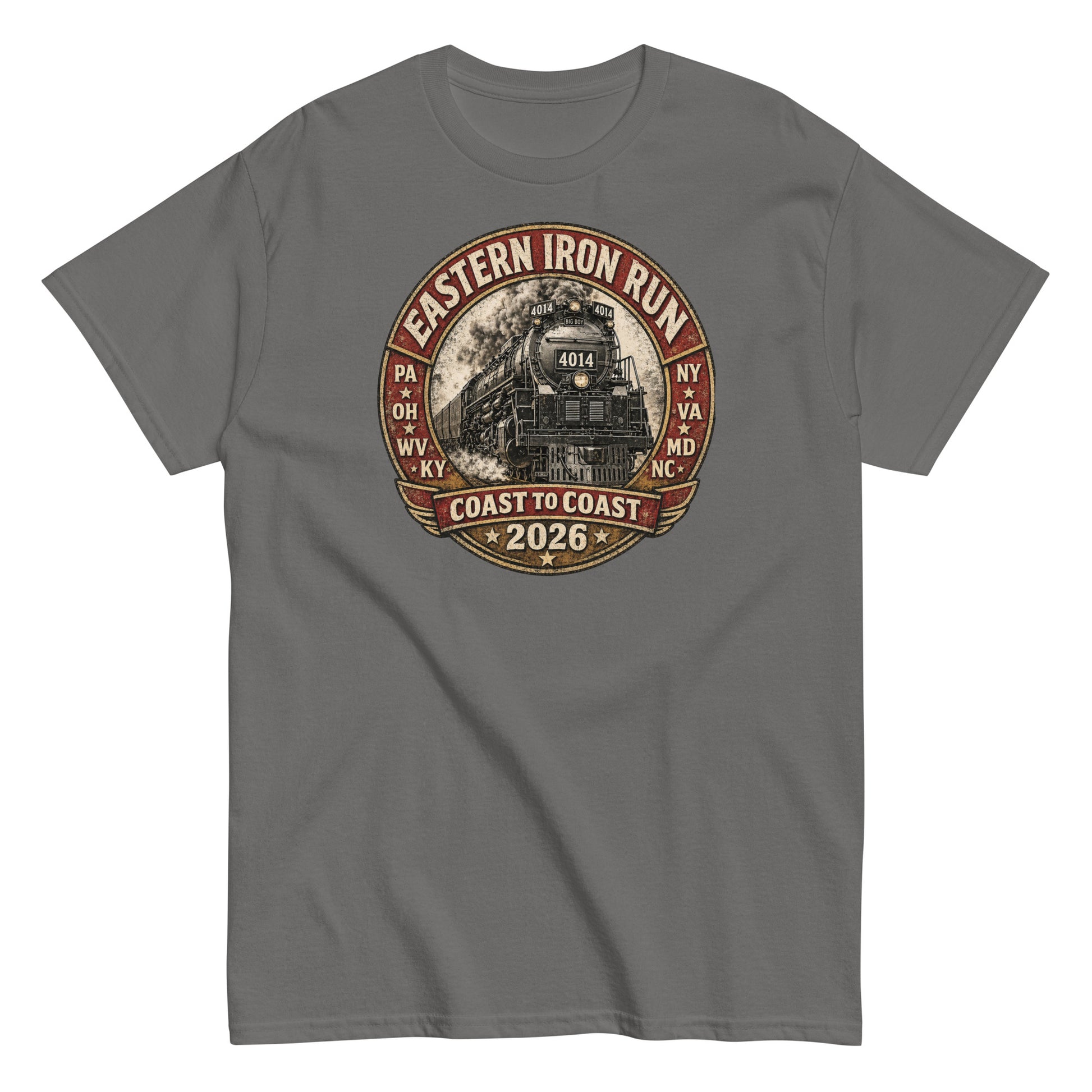 Charcoal t-shirt featuring a vintage graphic of the Union Pacific Big Boy 4014 steam locomotive