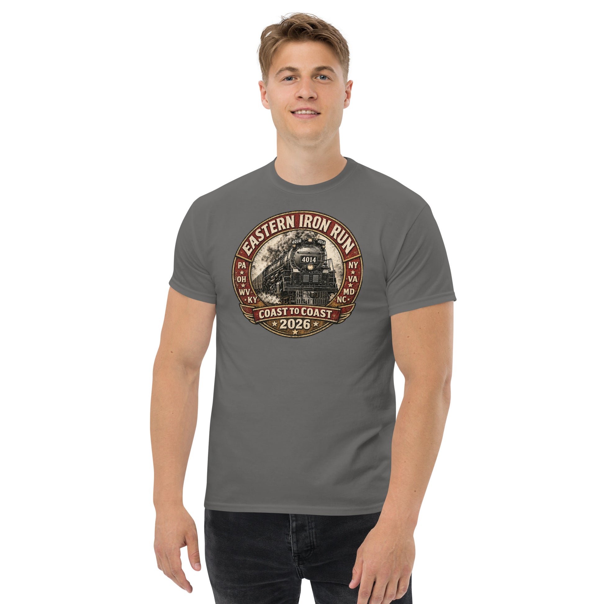 Charcoal t-shirt featuring a vintage graphic of the Union Pacific Big Boy 4014 steam locomotive