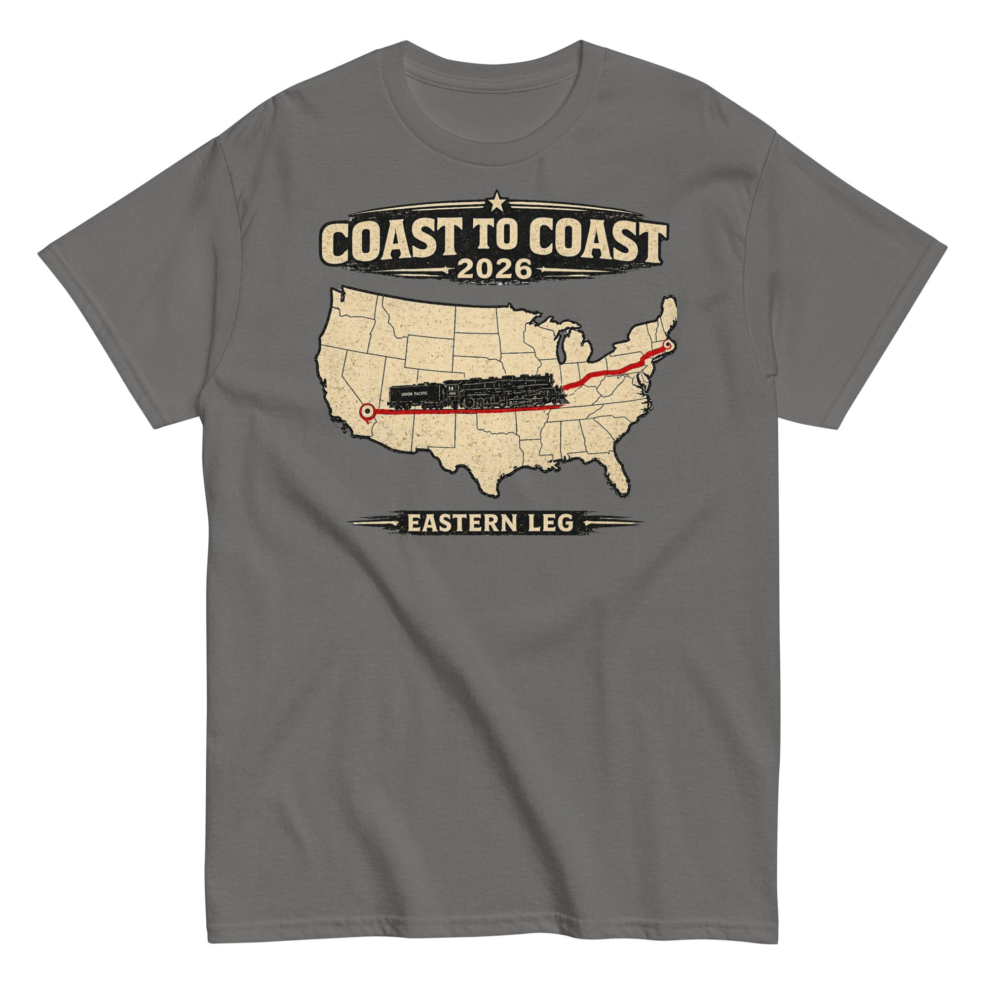 Gray t-shirt with a map of the United States and text 'Coast to Coast 2026' on a white background