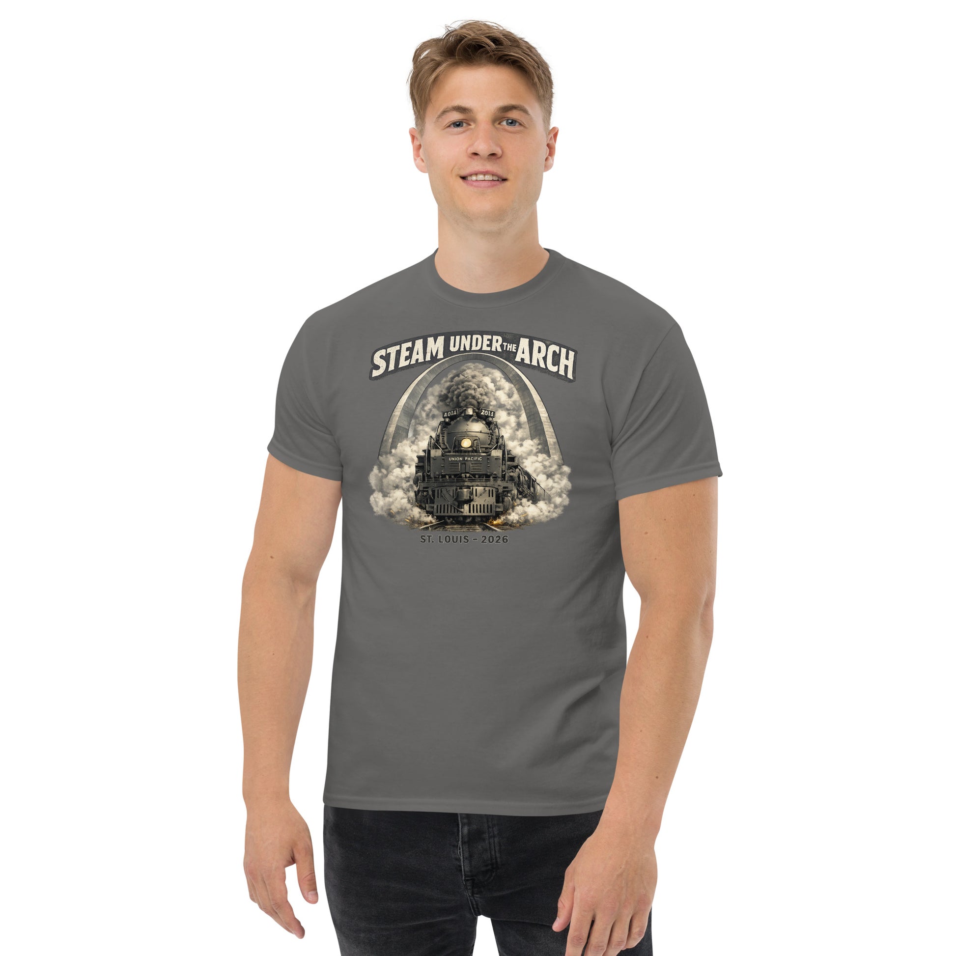 Gray t-shirt featuring the Big Boy 4014 steam locomotive under the St. Louis Gateway Arch, with text reading "Steam Under The Arch" and "St. Louis - 2026".