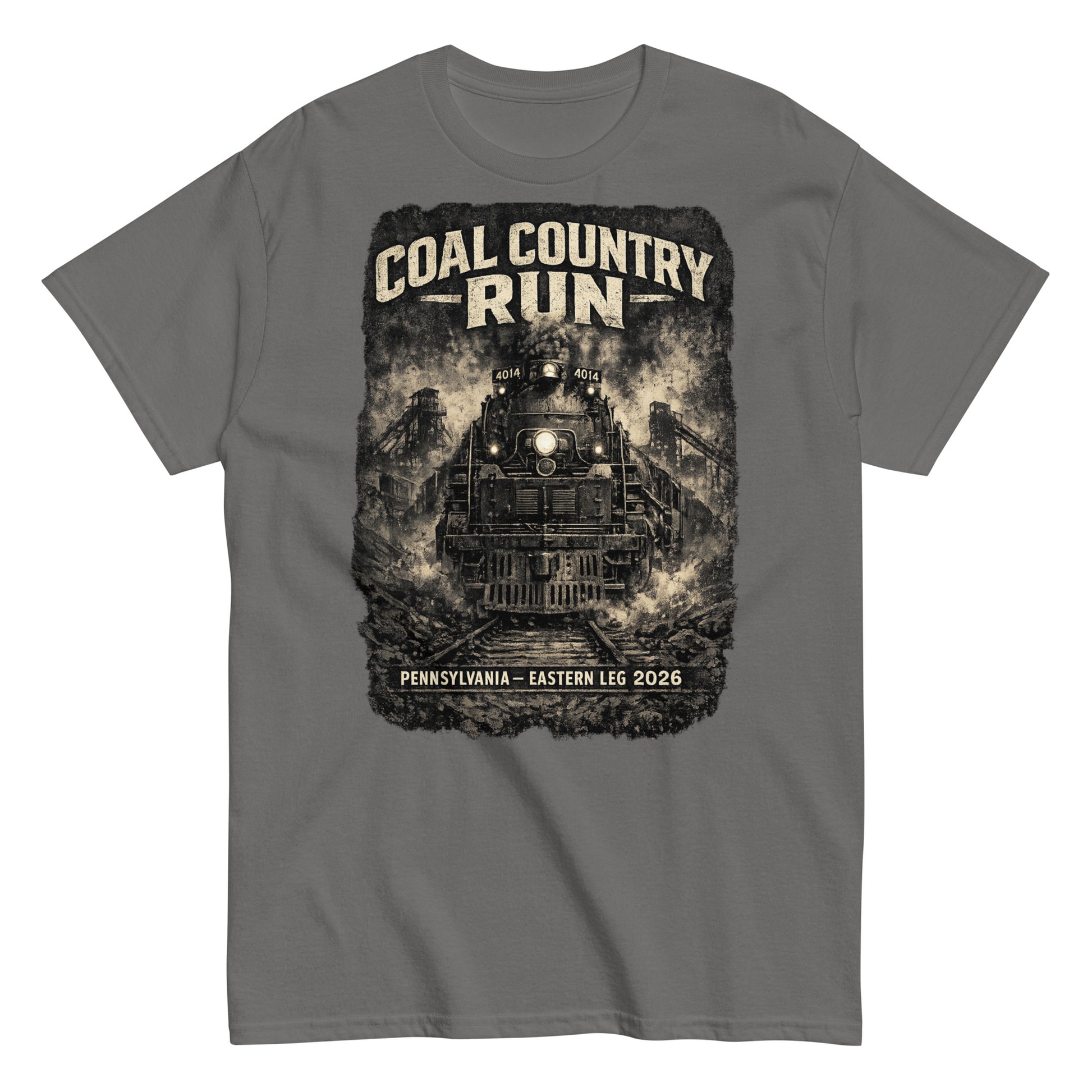 Gray t-shirt featuring a dark, gritty graphic of the Big Boy 4014 steam locomotive passing historic coal mine structures, with text reading "Coal Country Run" and "Pennsylvania - Eastern Leg 2026".