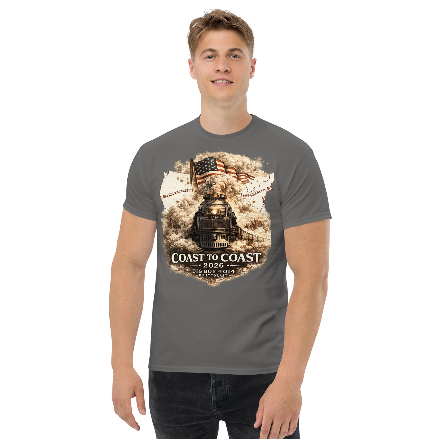 Gray t-shirt featuring the Big Boy 4014 steam locomotive, a waving American flag, and a US map showing a track route, with text reading "Coast to Coast 2026", "Big Boy 4014", and "Built To Last".