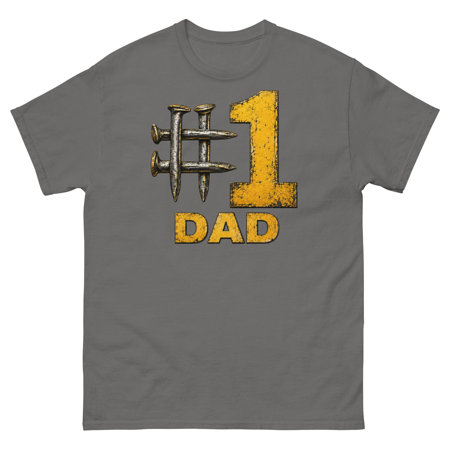 Gray t-shirt featuring a hashtag symbol made of four crossed metal railroad spikes next to a large, distressed yellow number 1, with the word DAD in matching distressed yellow text directly below.