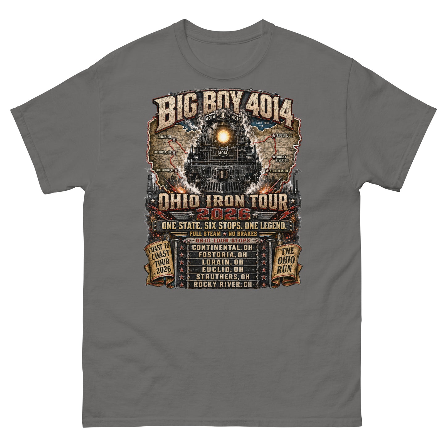 gray t-shirt featuring a highly detailed graphic of the Big Boy 4014 steam locomotive backed by a map of Ohio. Text reads "BIG BOY 4014", "OHIO IRON TOUR 2026", "ONE STATE. SIX STOPS. ONE LEGEND.", alongside banners for "COAST TO COAST TOUR 2026" and "THE OHIO RUN", plus a detailed roster of six Ohio tour stops.