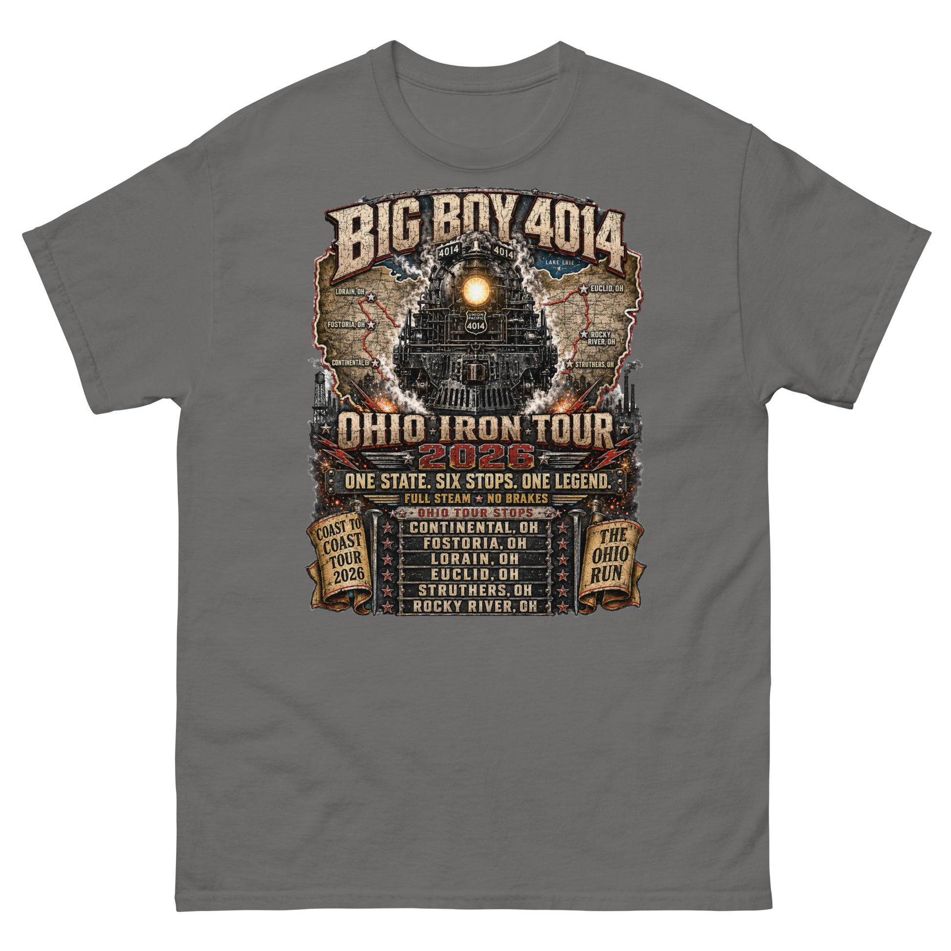 gray t-shirt featuring a highly detailed graphic of the Big Boy 4014 steam locomotive backed by a map of Ohio. Text reads "BIG BOY 4014", "OHIO IRON TOUR 2026", "ONE STATE. SIX STOPS. ONE LEGEND.", alongside banners for "COAST TO COAST TOUR 2026" and "THE OHIO RUN", plus a detailed roster of six Ohio tour stops.
