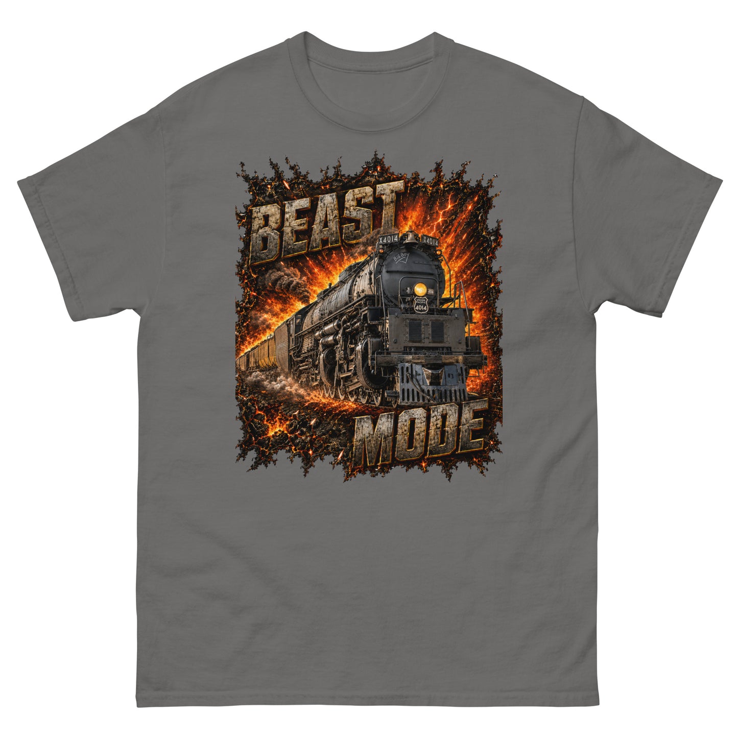 gray classic t-shirt featuring a high-impact graphic of the Big Boy 4014 steam locomotive bursting forward out of a fiery, orange and yellow explosion. Large, distressed steel-textured text reads "BEAST" at the top left and "MODE" at the bottom right.
