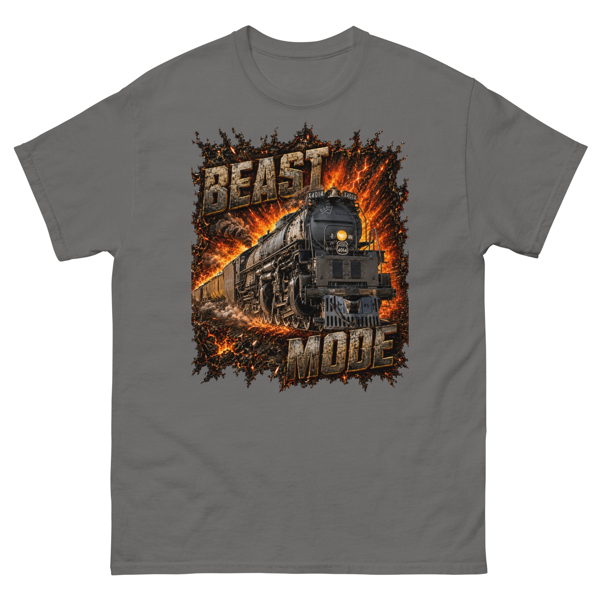 gray classic t-shirt featuring a high-impact graphic of the Big Boy 4014 steam locomotive bursting forward out of a fiery, orange and yellow explosion. Large, distressed steel-textured text reads "BEAST" at the top left and "MODE" at the bottom right.