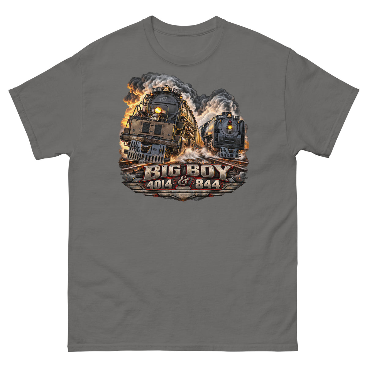Charcoal classic t-shirt featuring a highly detailed graphic of the Big Boy 4014 and 844 steam locomotives charging down the tracks side-by-side surrounded by smoke and steam. Bold, metallic-style text at the bottom reads "BIG BOY 4014 & 844" on a distressed vintage badge.   