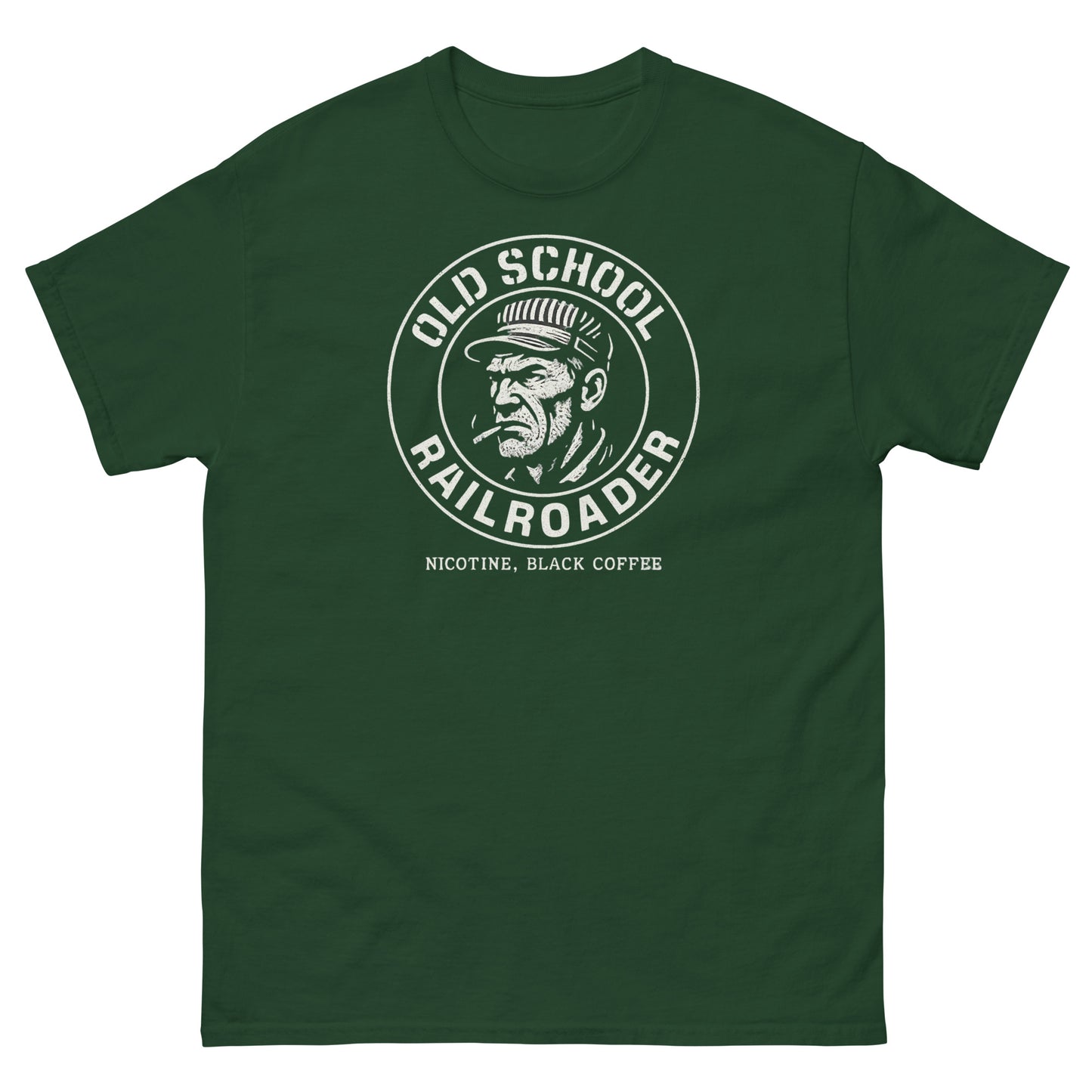 Old School Railroader T-Shirt with vintage railroader graphic and ‘Nicotine, Black Coffee’ slogan in white print on forest green tee.