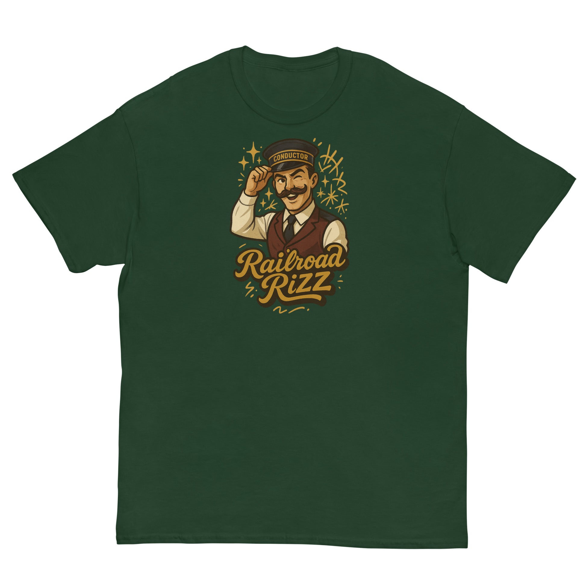 Green t-shirt with a graphic of a man in a suit and hat, and 'Railroad Rizz' text on a white background.