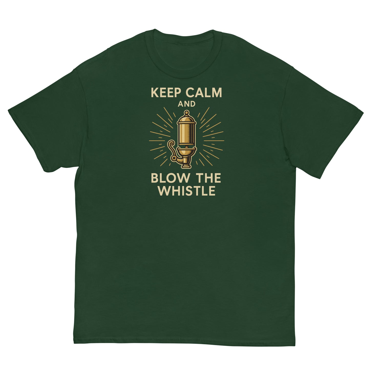 Green t-shirt with yellow graphic and text 'Keep Calm and Blow the Whistle' on a white background