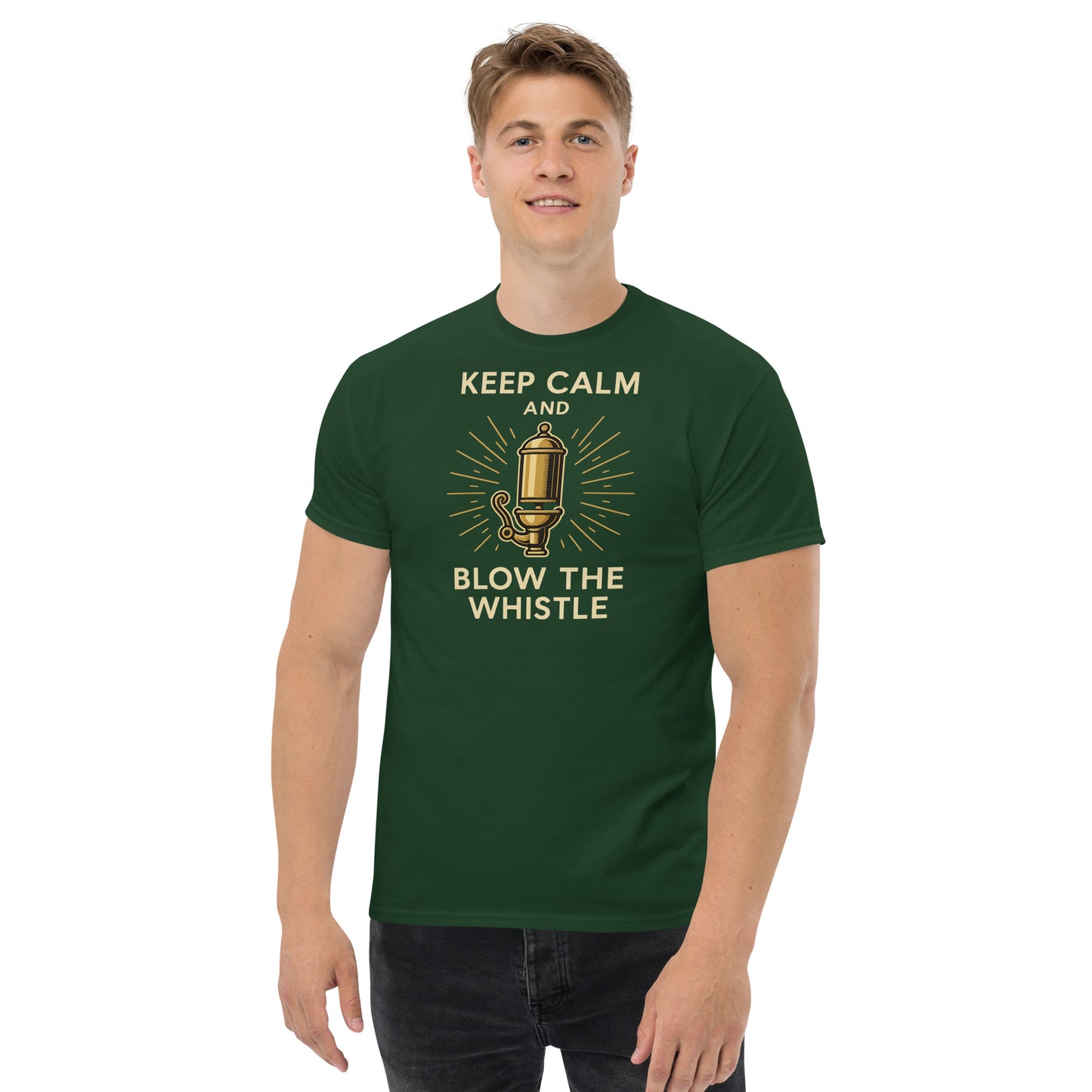 Man wearing a green t-shirt with 'Keep Calm and Blow the Whistle' text and graphic.
