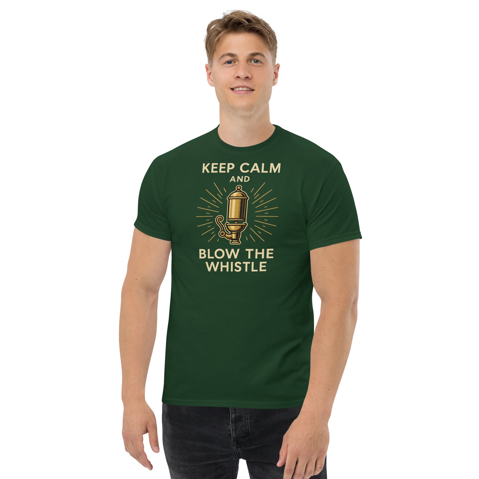 Man wearing a green t-shirt with 'Keep Calm and Blow the Whistle' text and graphic.