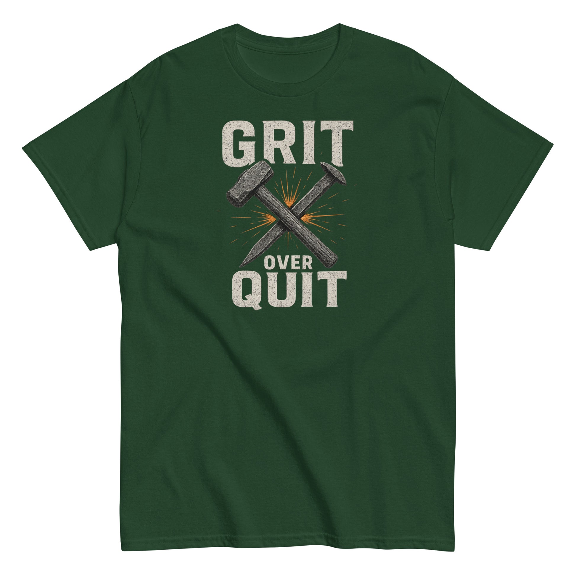 Green t-shirt with 'GRIT OVER QUIT' text and crossed hammers design on a white background