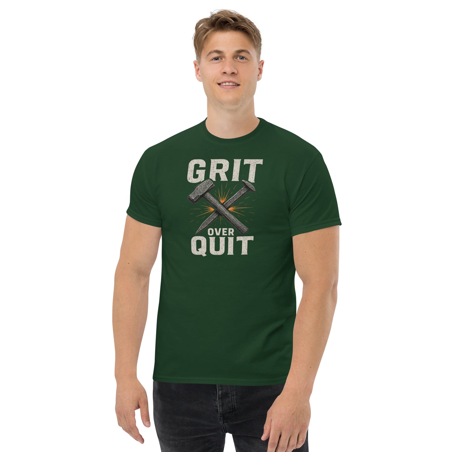 Man wearing a green t-shirt with 'GRIT OVER QUIT' text and graphic on a white background