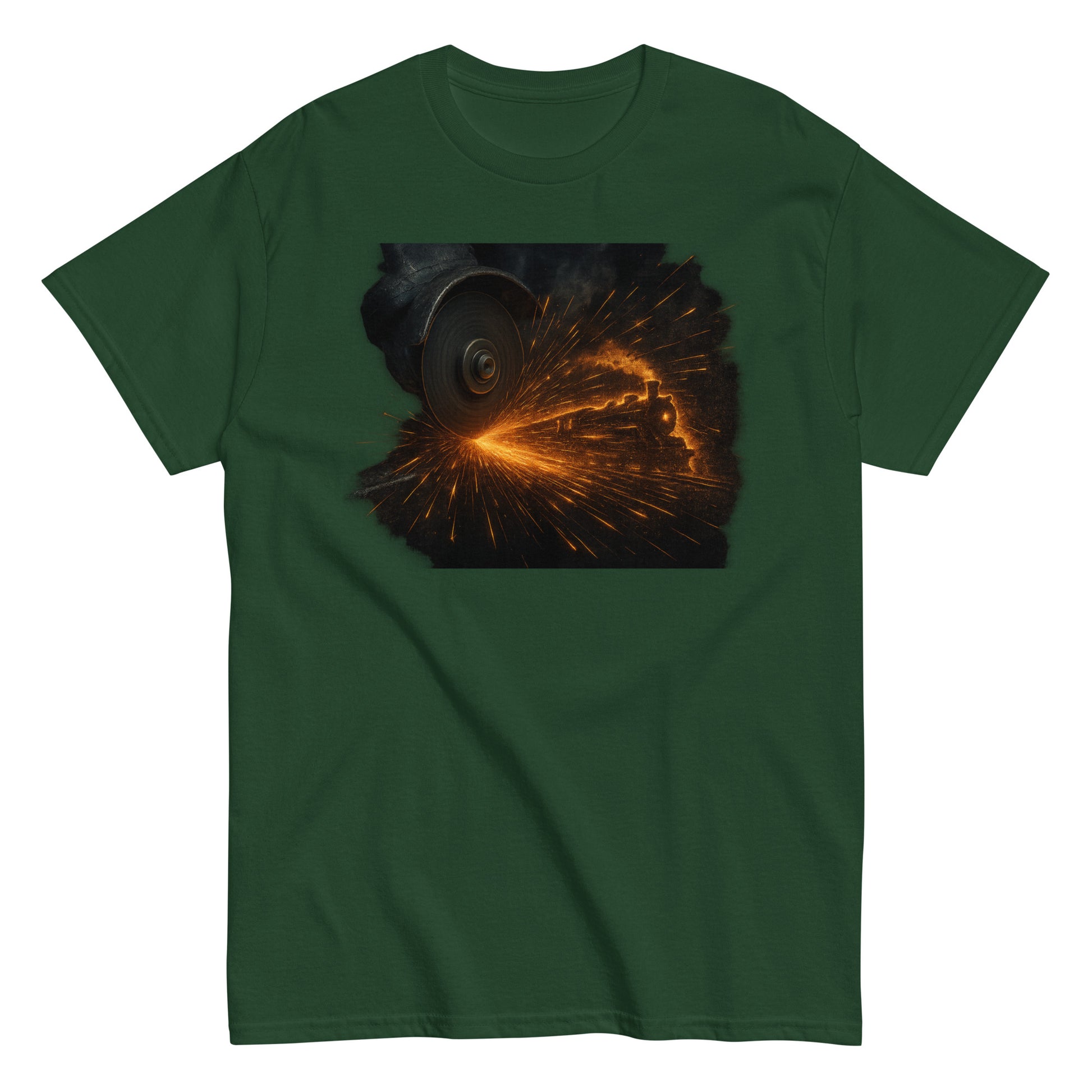 green t-shirt with a graphic of a locomotive surrounded by fiery sparks, designed for train lovers and railfans.