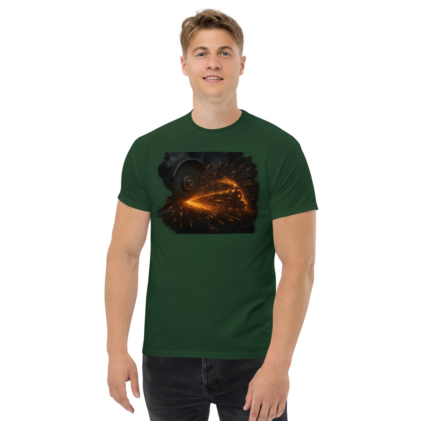 green t-shirt with a graphic of a locomotive surrounded by fiery sparks, designed for train lovers and railfans.