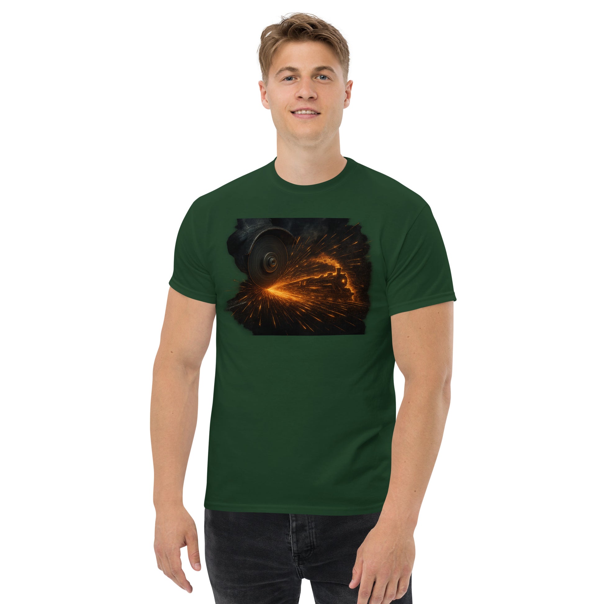 green t-shirt with a graphic of a locomotive surrounded by fiery sparks, designed for train lovers and railfans.