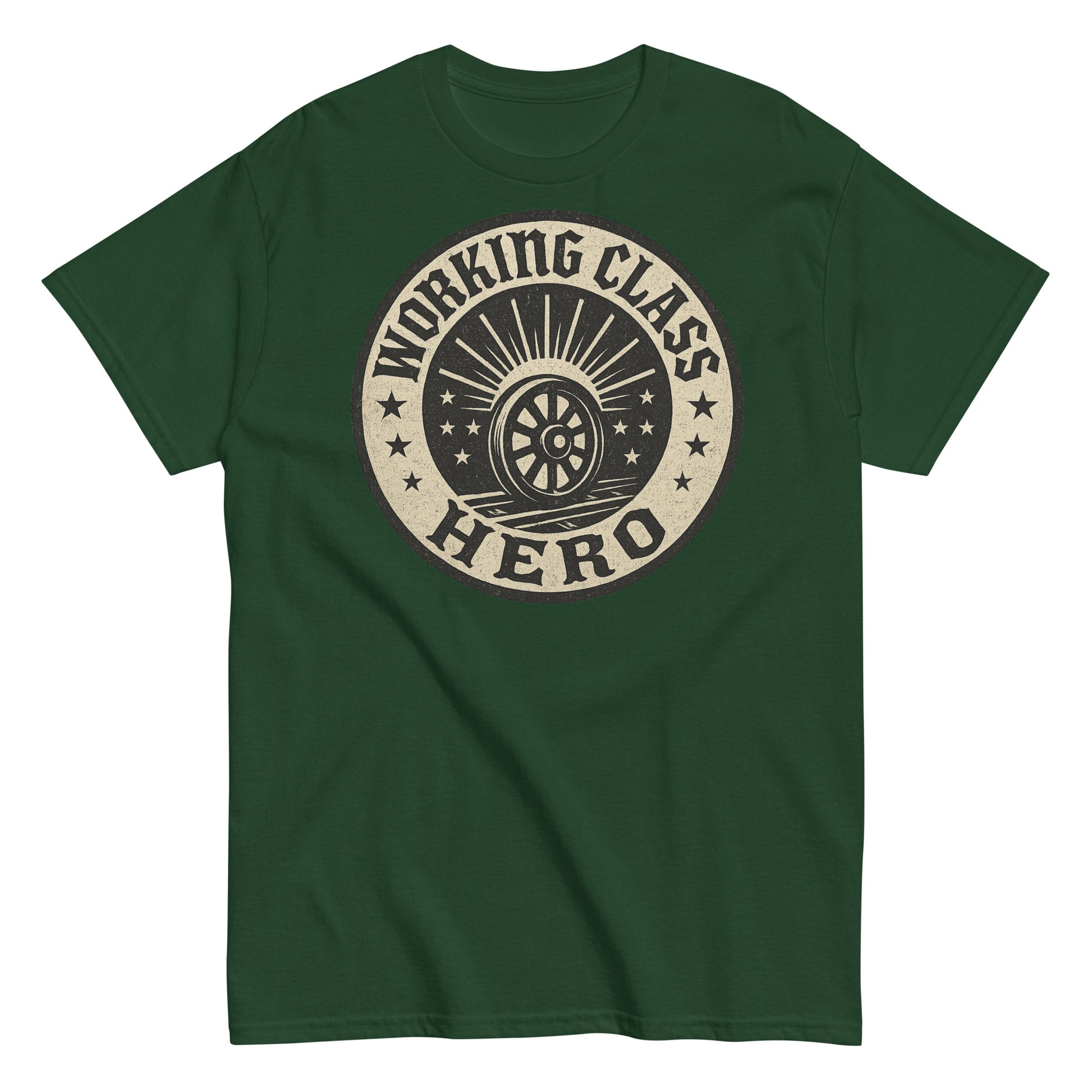 Green t-shirt with 'Working Class Hero' graphic design on a white background
