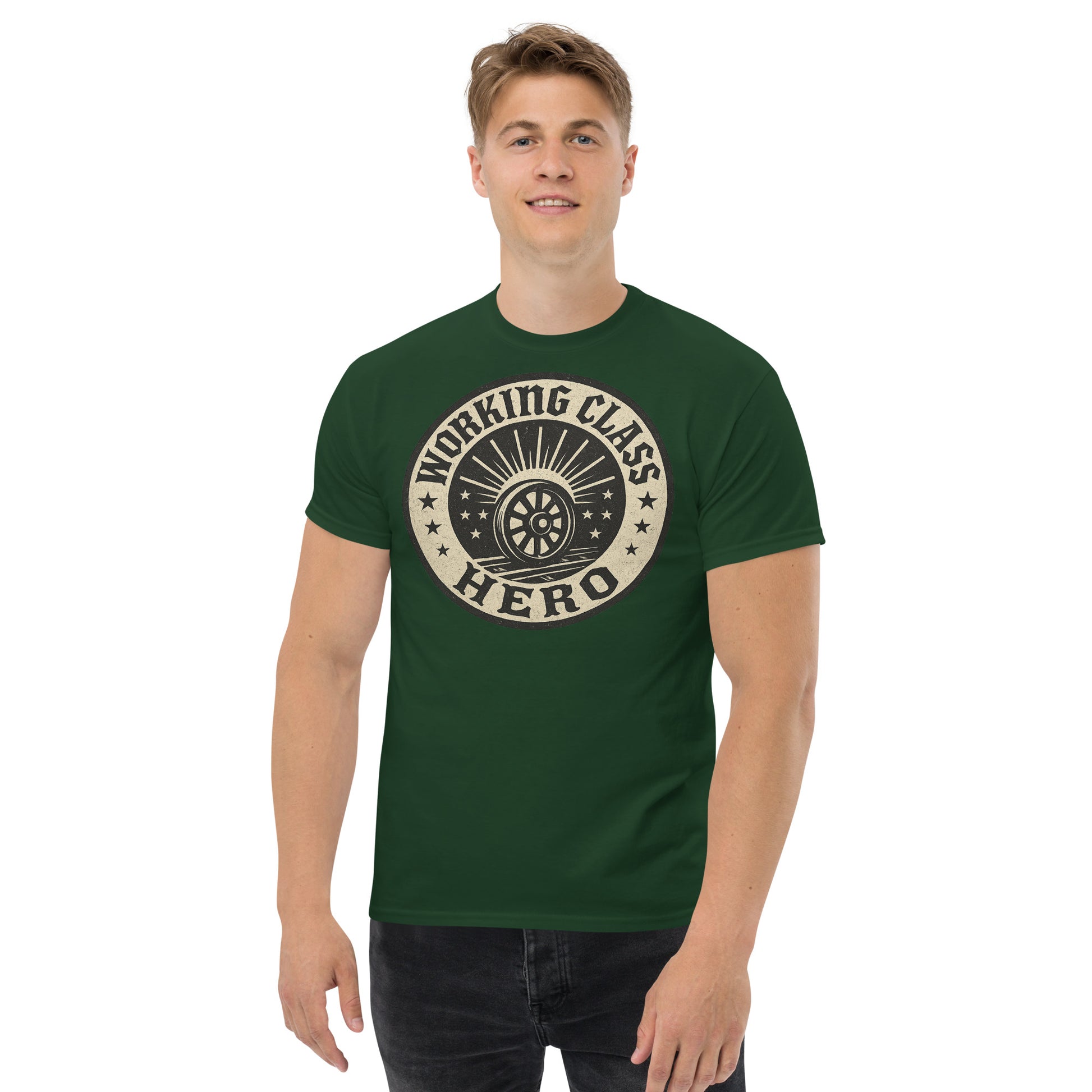 Man wearing a green t-shirt with 'Working Class Hero' design on a white background