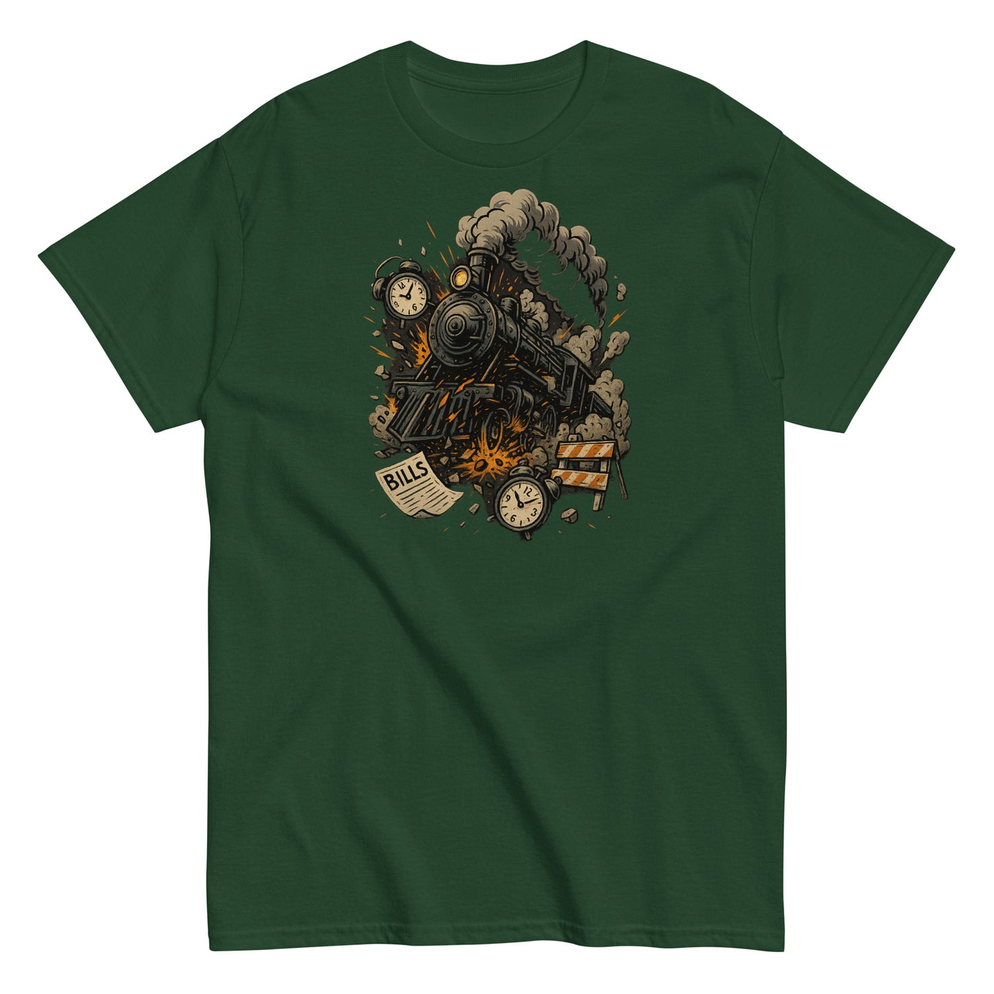 Green t-shirt with a steam locomotive graphic on a white background