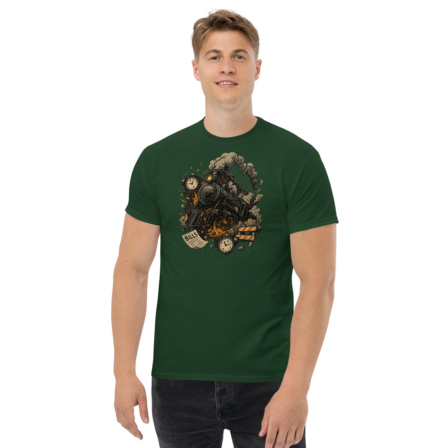 Man wearing a green t-shirt with a graphic design on a white background