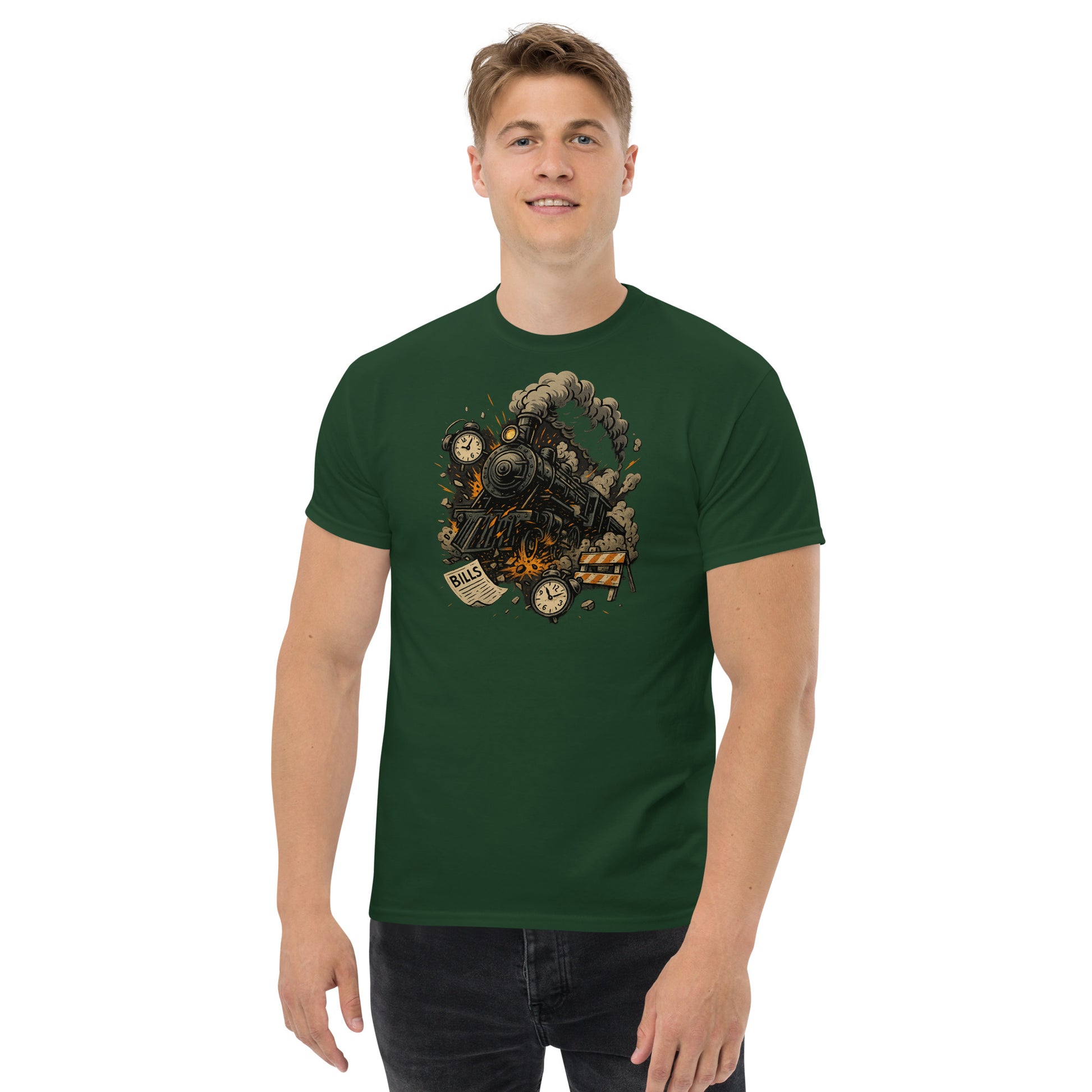Man wearing a green t-shirt with a graphic design on a white background