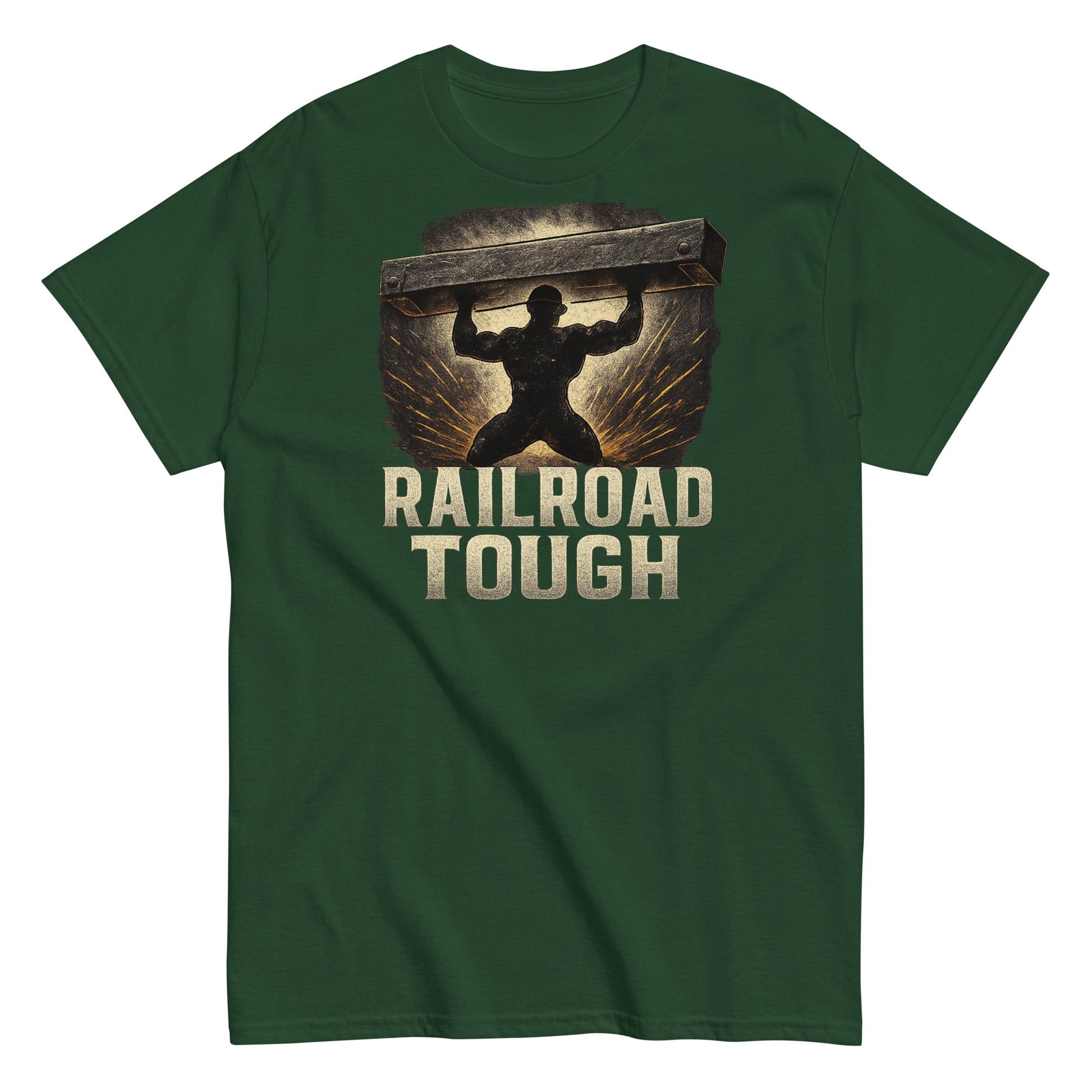 Green t-shirt with 'Railroad Tough' graphic design on a white background