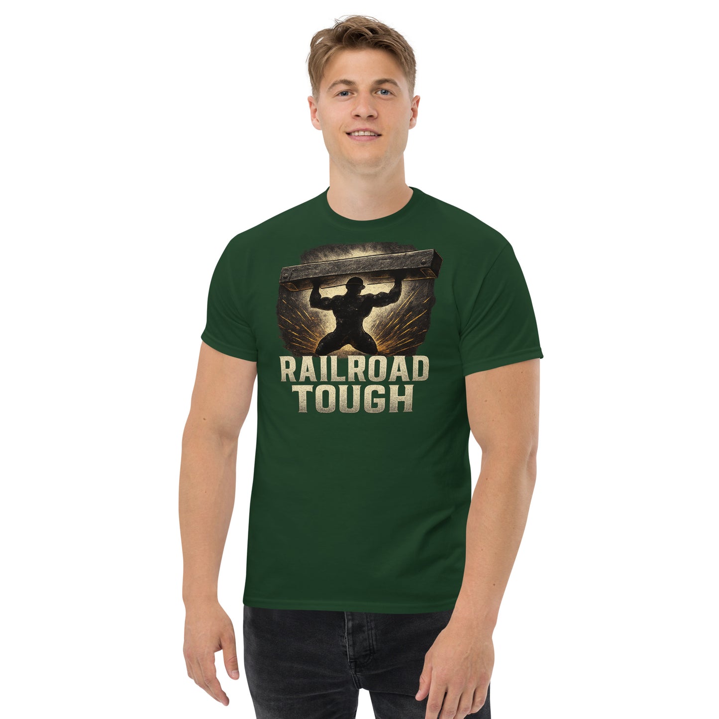 Man wearing a green t-shirt with 'Railroad Tough' graphic design on a white background